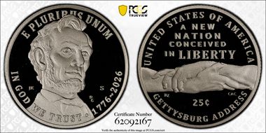 2026-S 25C Gettysburg Address Ag PR70DCAM