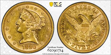 1880 $5 AU58