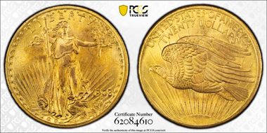 1908 $20 No Motto - Wells Fargo MS66+ 