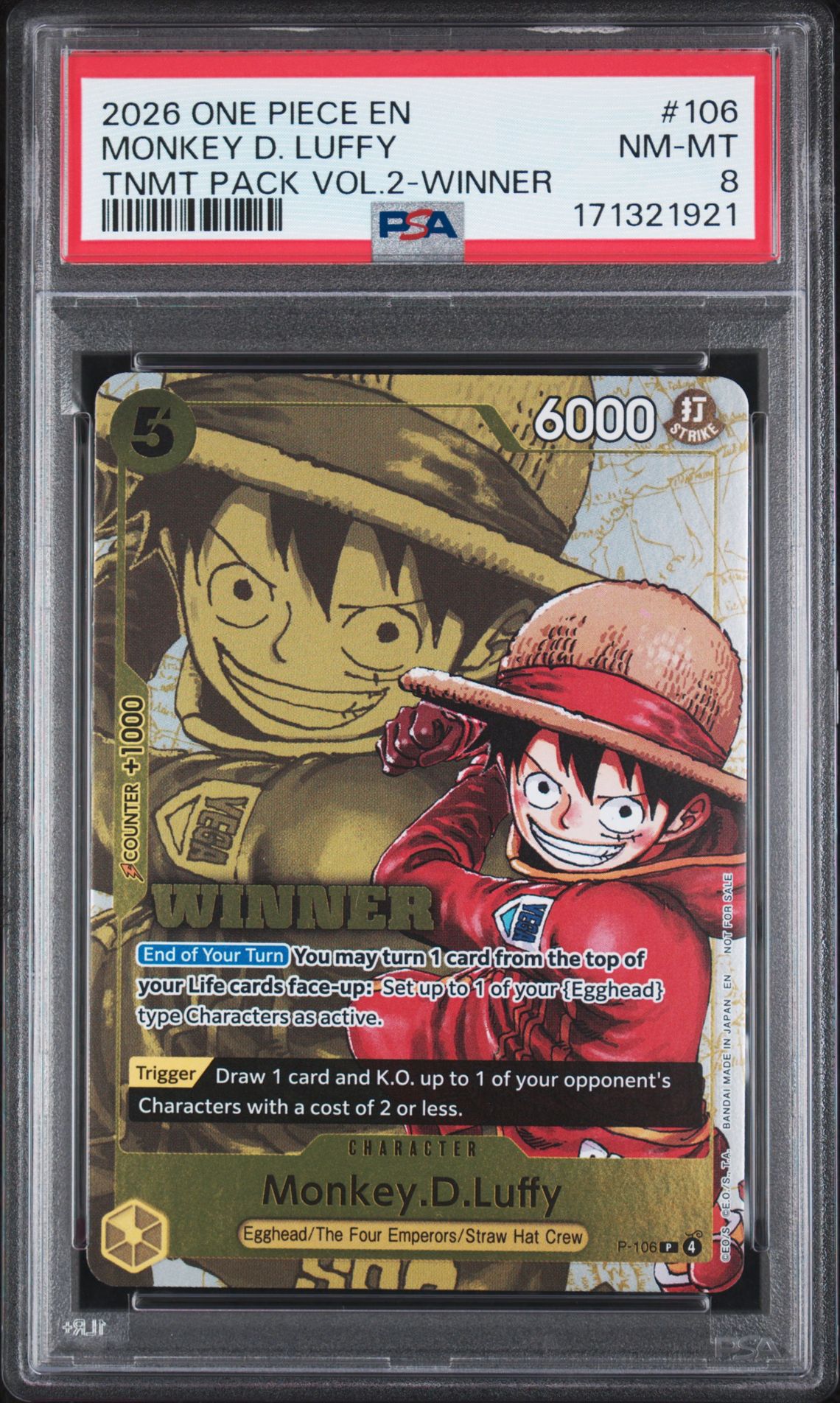 2026 One Piece Tournament Pack Vol.2 Monkey D. Luffy #106 (Tnmt Pack Vol.2-Winner) Nm-Mt 8 front