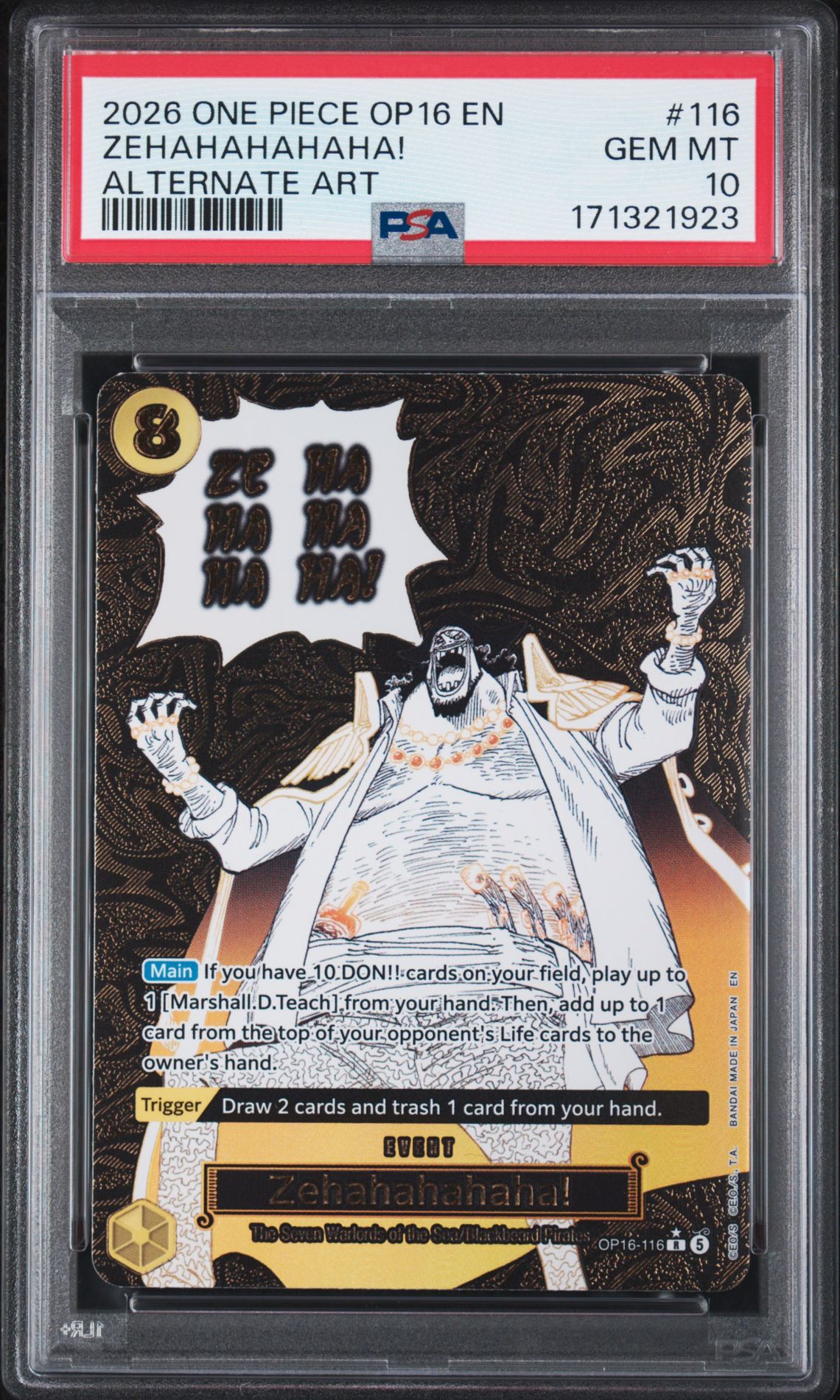 2026 ONE PIECE OP16-THE TIME OF BATTLE ZEHAHAHAHAHA! ALTERNATE ART 116 GEM MT 10 front