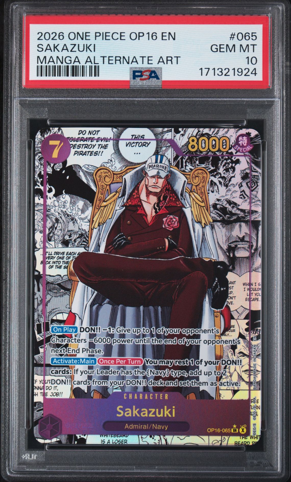 2026 One Piece Op16-The Time Of Battle Sakazuki #065 (Manga Alternate Art) Gem Mt 10 front view - PSA graded GEM MT 10