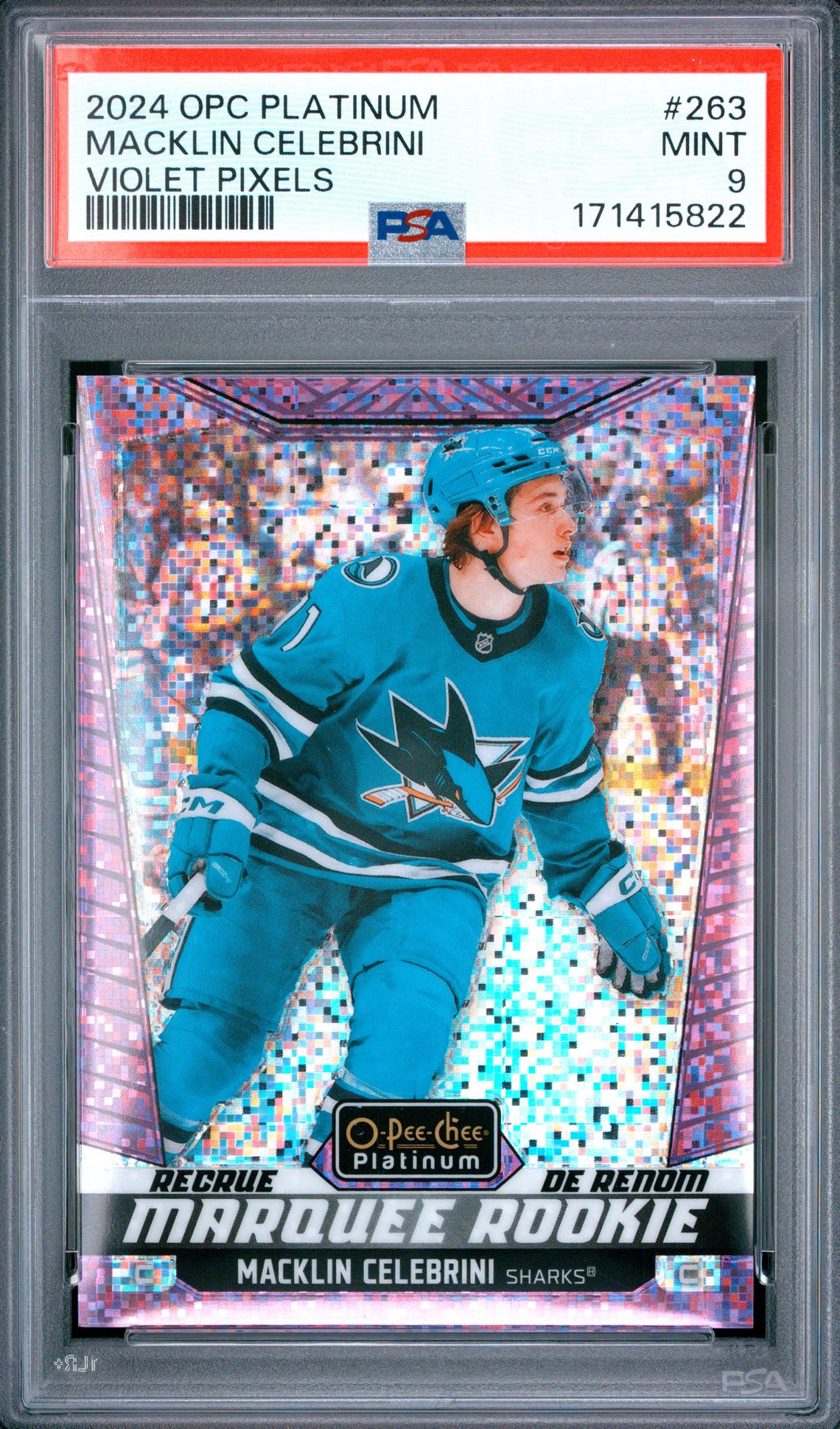 2024 Upper Deck O-Pee-Chee Platinum Macklin Celebrini #263 (Violet Pixels) Mint 9 front
