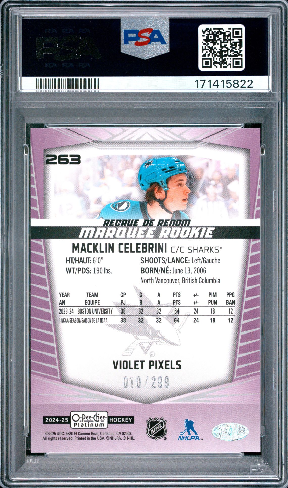 2024 Upper Deck O-Pee-Chee Platinum Macklin Celebrini #263 (Violet Pixels) Mint 9 back