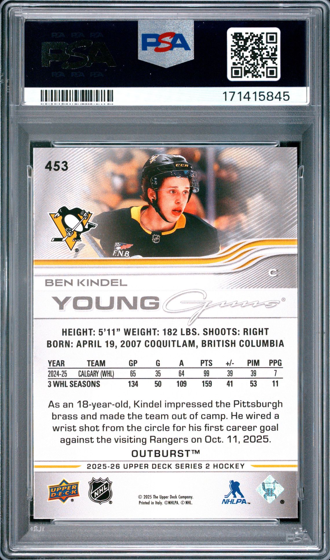 2025 Upper Deck Ben Kindel #453 (Outburst) Gem Mt 10 back view - PSA certificate #171415845