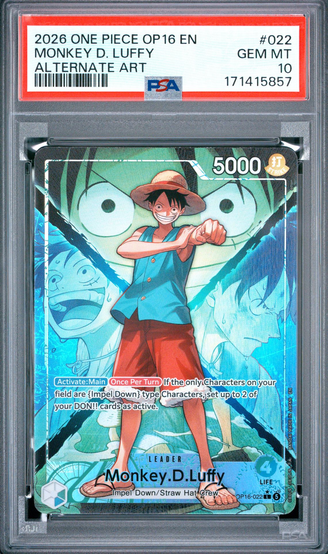 2026 ONE PIECE OP16-THE TIME OF BATTLE MONKEY D. LUFFY ALTERNATE ART 022 GEM MT 10 front