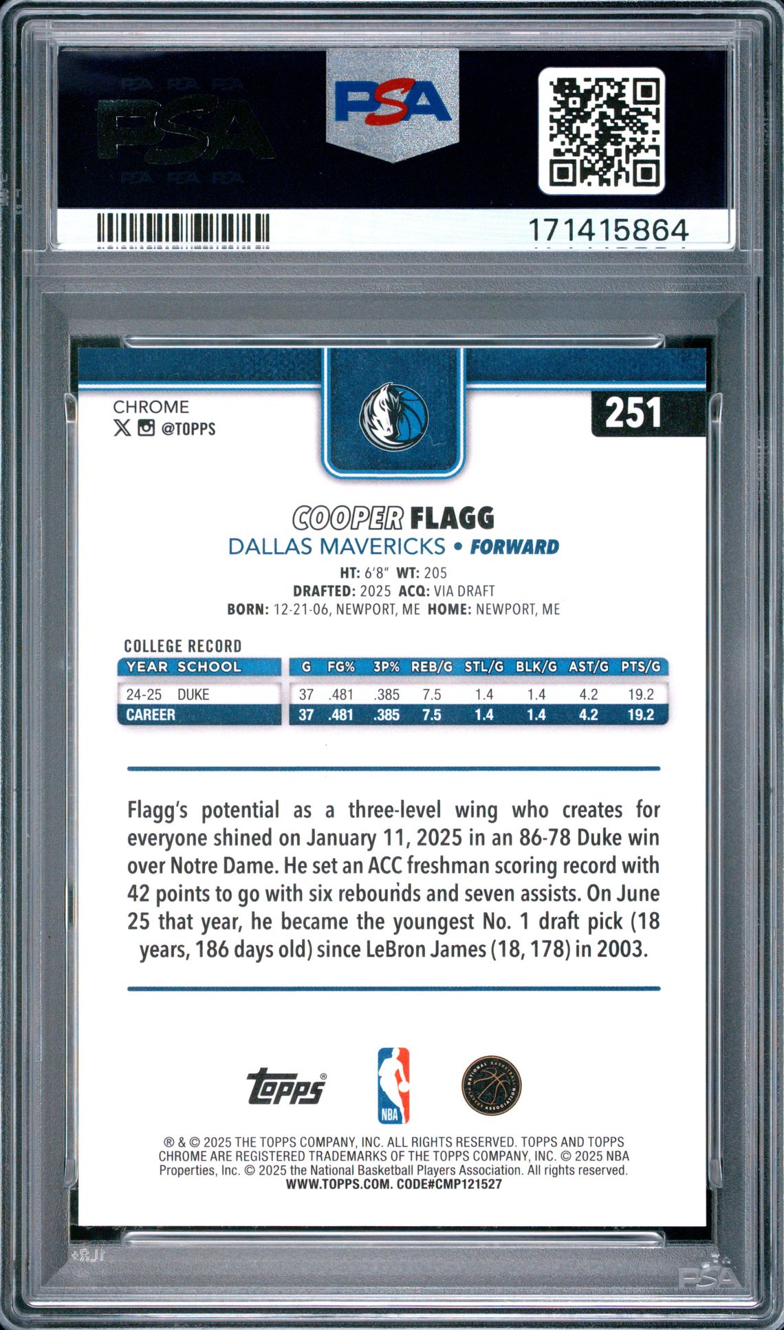 2025 Topps Chrome Cooper Flagg #251 (Blue X-Fractor) Gem Mt 10 back view - PSA certificate #171415864