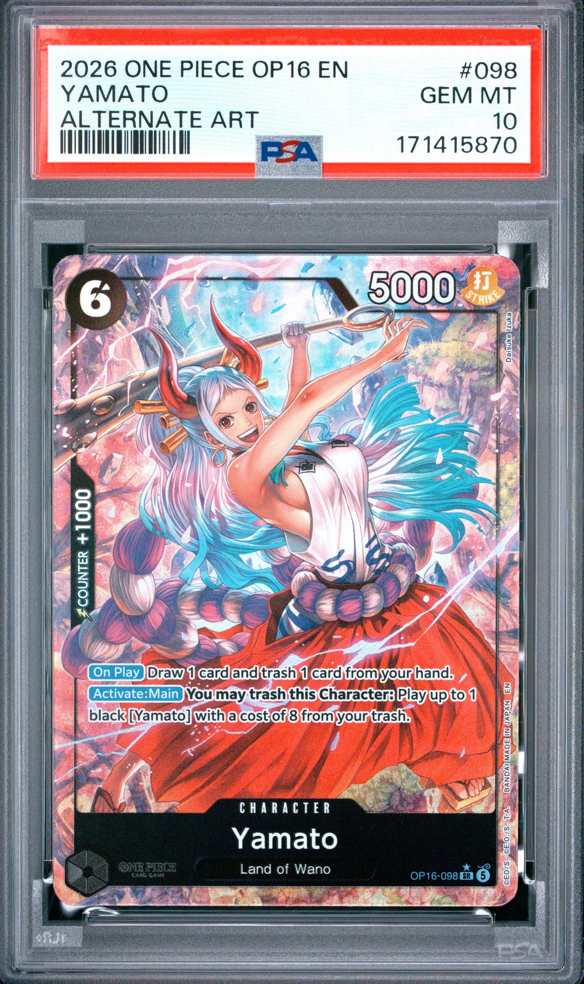 2026 ONE PIECE OP16-THE TIME OF BATTLE YAMATO ALTERNATE ART 098 GEM MT 10 front