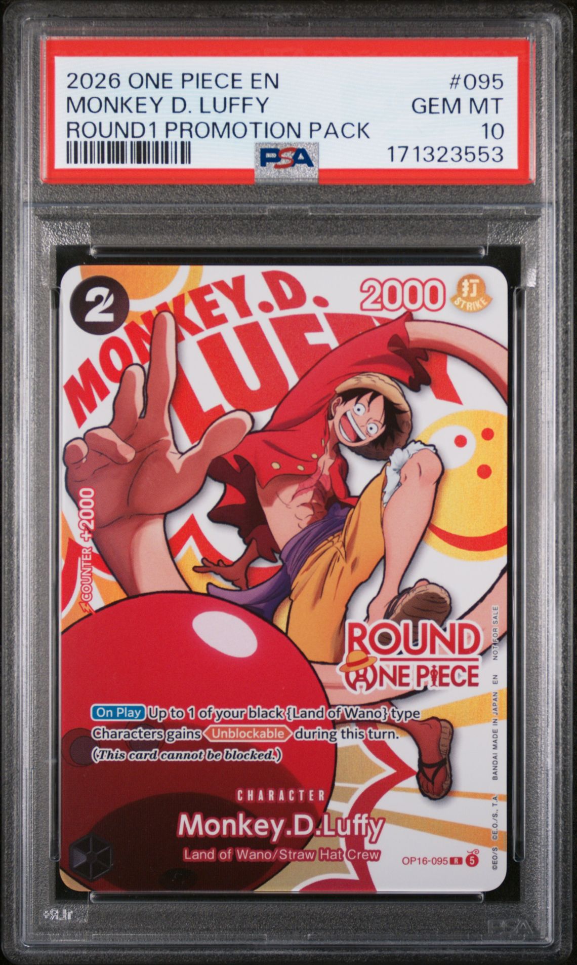 2026 One Piece Round1 Promotion Pack Monkey D. Luffy #095 Gem Mt 10 front view - PSA graded GEM MT 10