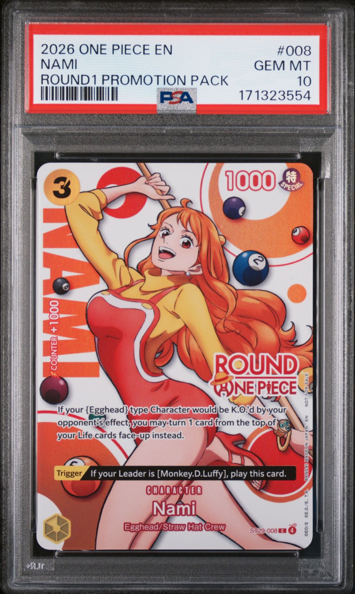 2026 ONE PIECE ROUND1 PROMOTION PACK NAMI  008 GEM MT 10 front