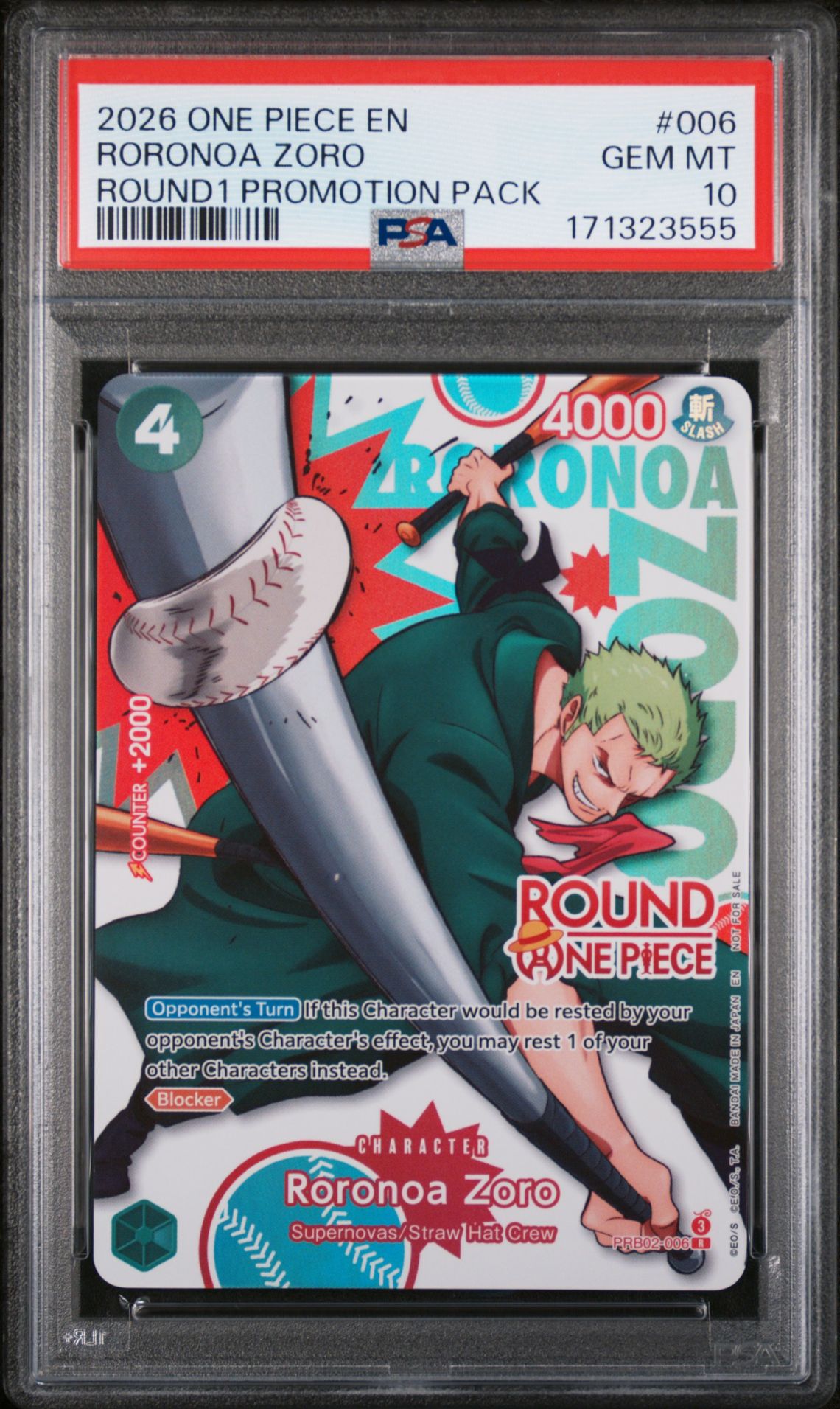 2026 One Piece Round1 Promotion Pack Roronoa Zoro #006 Gem Mt 10 front view - PSA graded GEM MT 10
