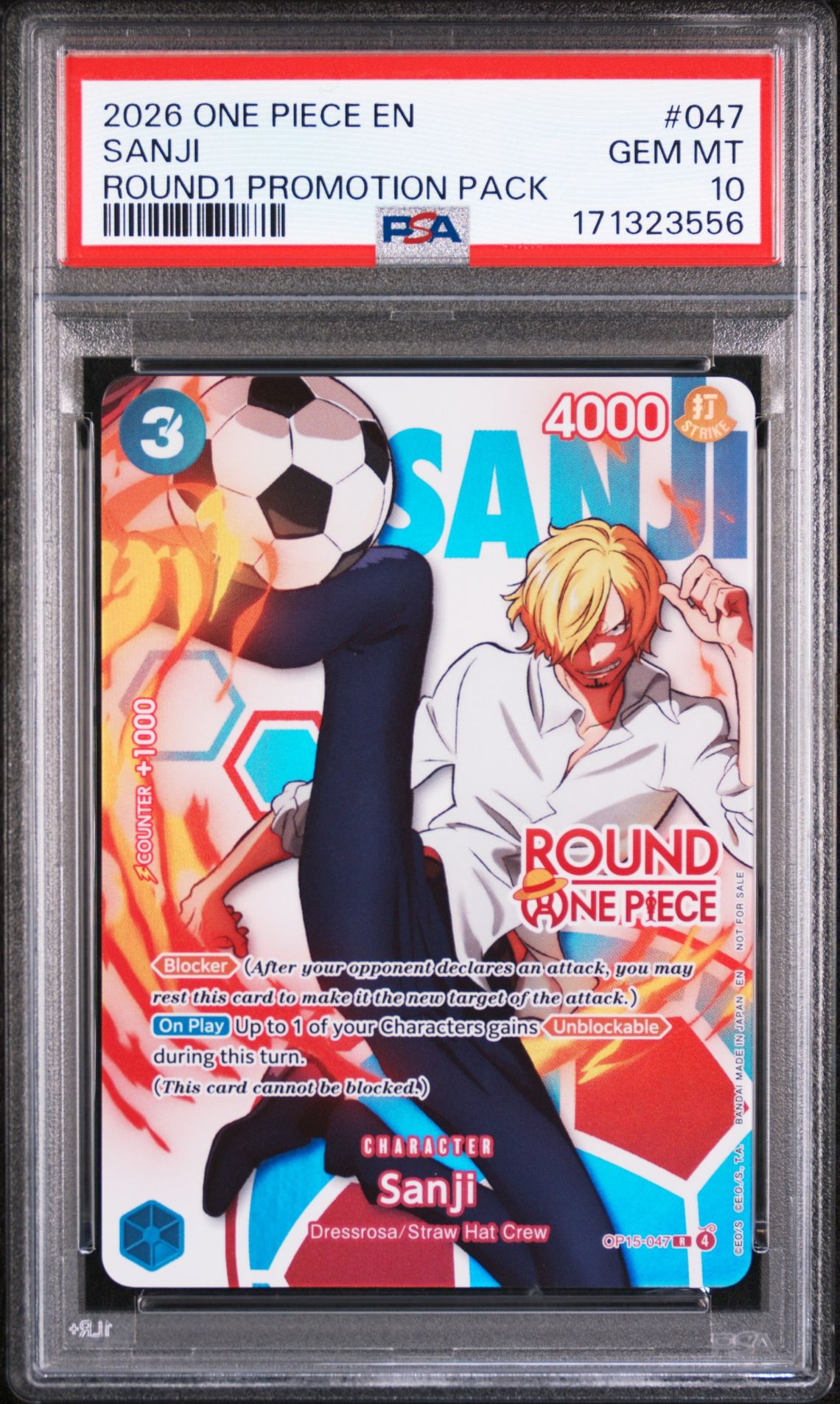 2026 One Piece Round1 Promotion Pack Sanji #047 Gem Mt 10 front view - PSA graded GEM MT 10
