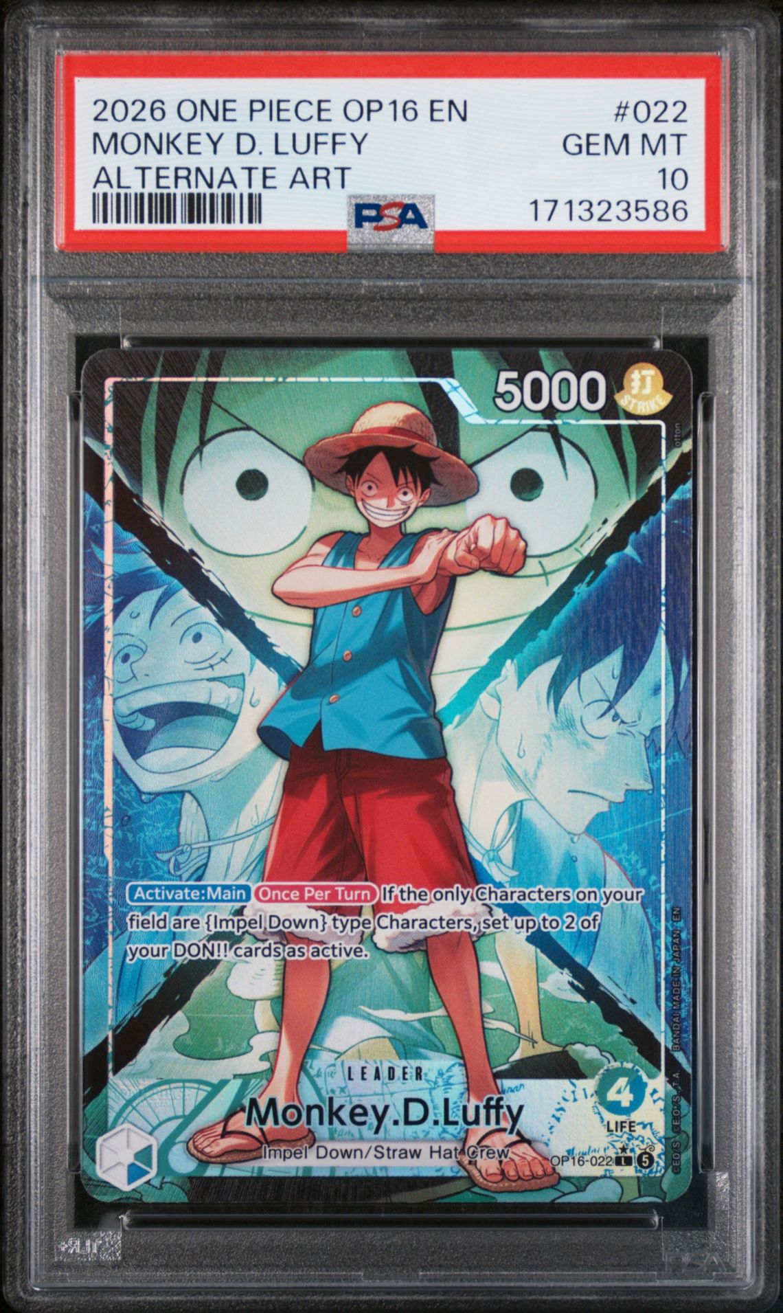 2026 One Piece Op16-The Time Of Battle Monkey D. Luffy #022 (Alternate Art) Gem Mt 10 front view - PSA graded GEM MT 10