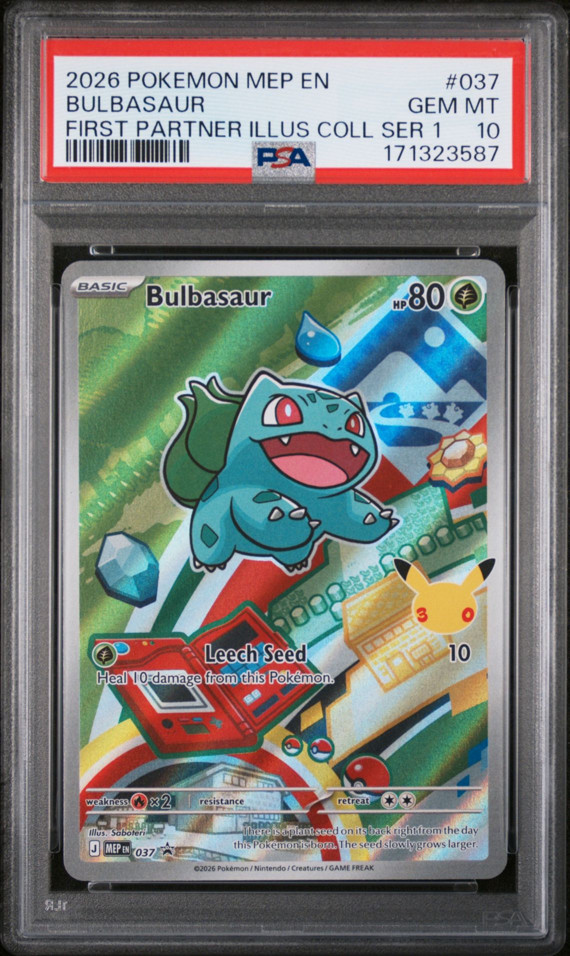 2026 Pokemon Mep En-Mega Evolution Black Star Promos Bulbasaur #037 (First Partner Illus Coll Ser 1) Gem Mt 10 front view - PSA graded GEM MT 10