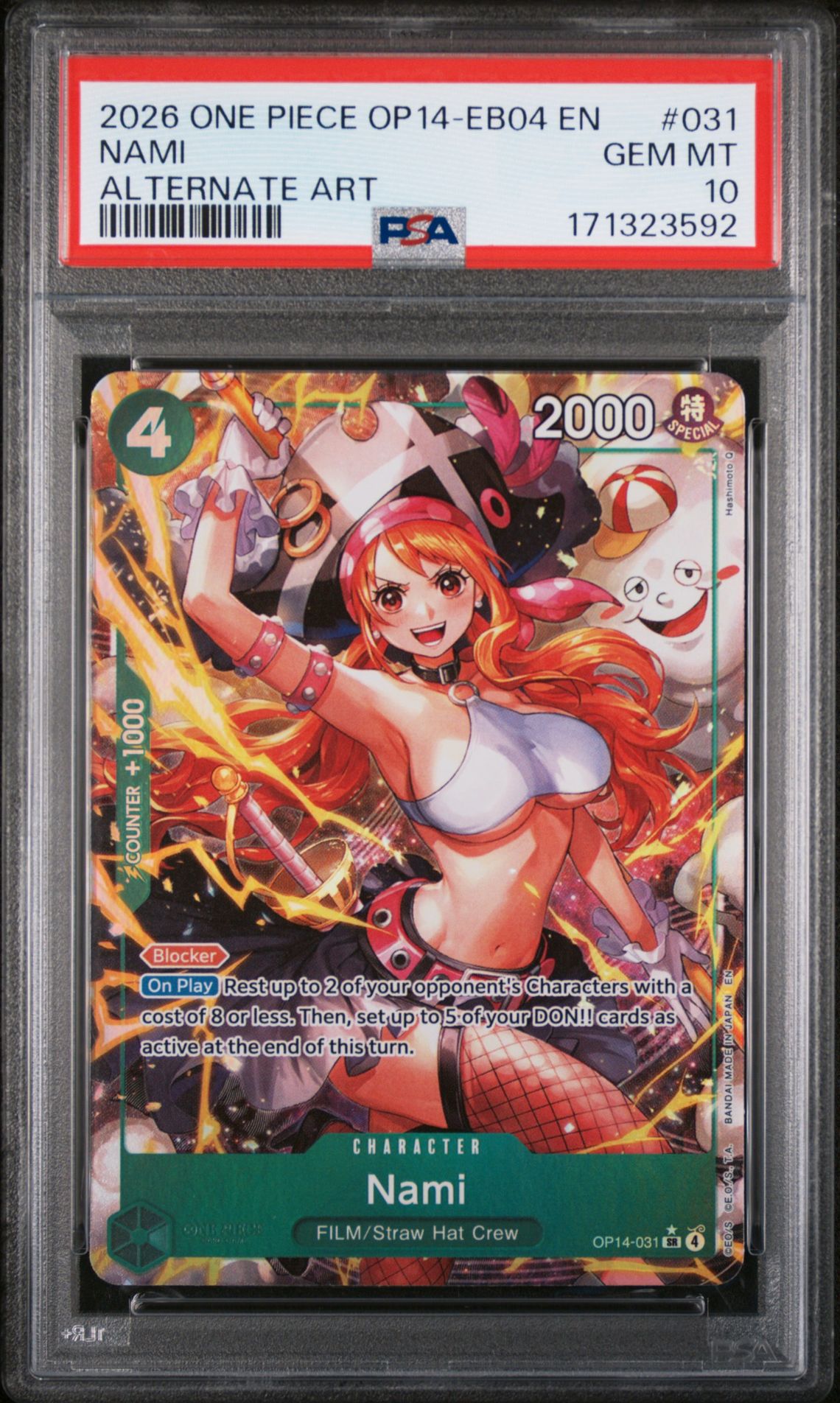 2026 One Piece Op14-Eb04-The Azure Sea's Seven Nami #031 (Alternate Art) Gem Mt 10 front view - PSA graded GEM MT 10