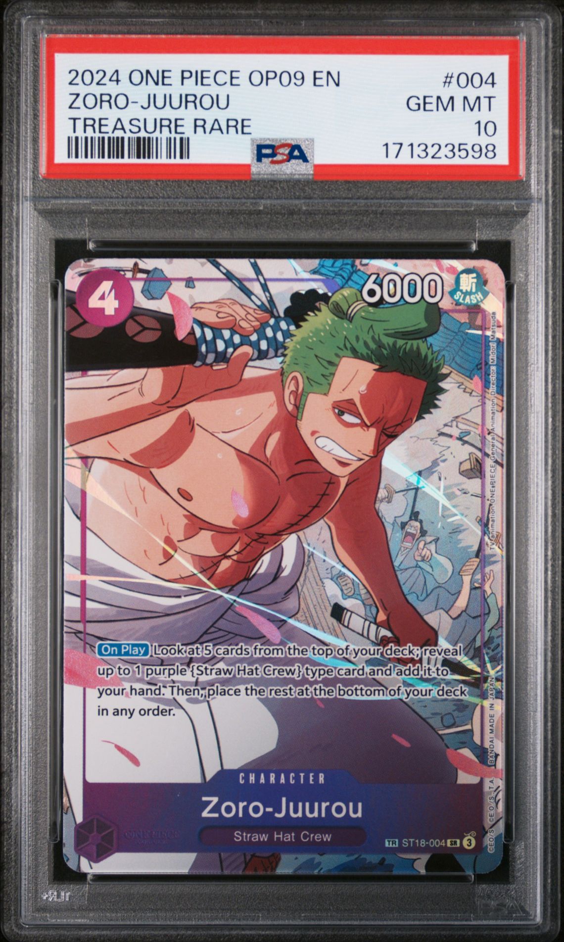 2024 One Piece Op09-Emperors In The New World Zoro-Juurou #004 (Treasure Rare) Gem Mt 10 front view - PSA graded GEM MT 10