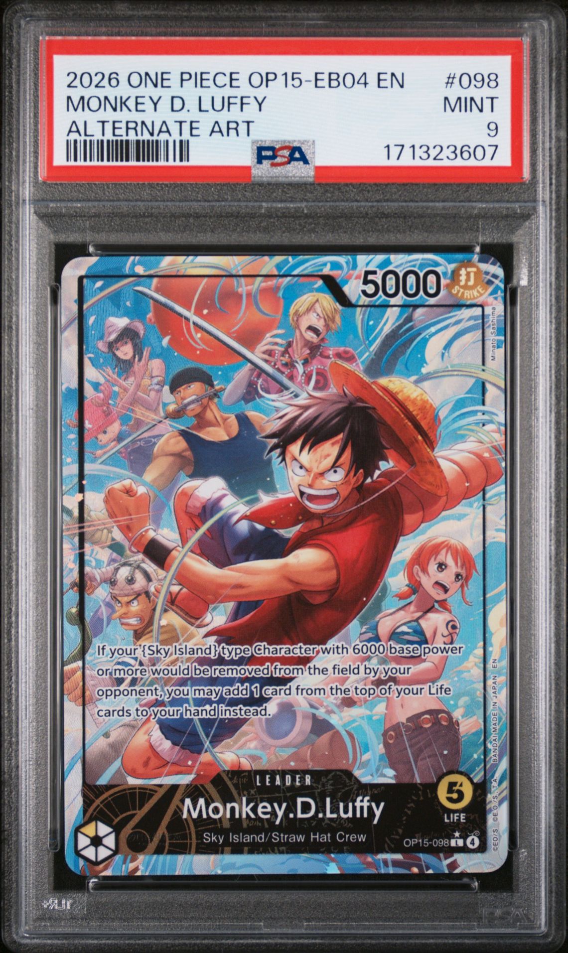 2026 One Piece Op15-Eb04-Adventure On Kami's Island Monkey D. Luffy #098 (Alternate Art) Mint 9 front