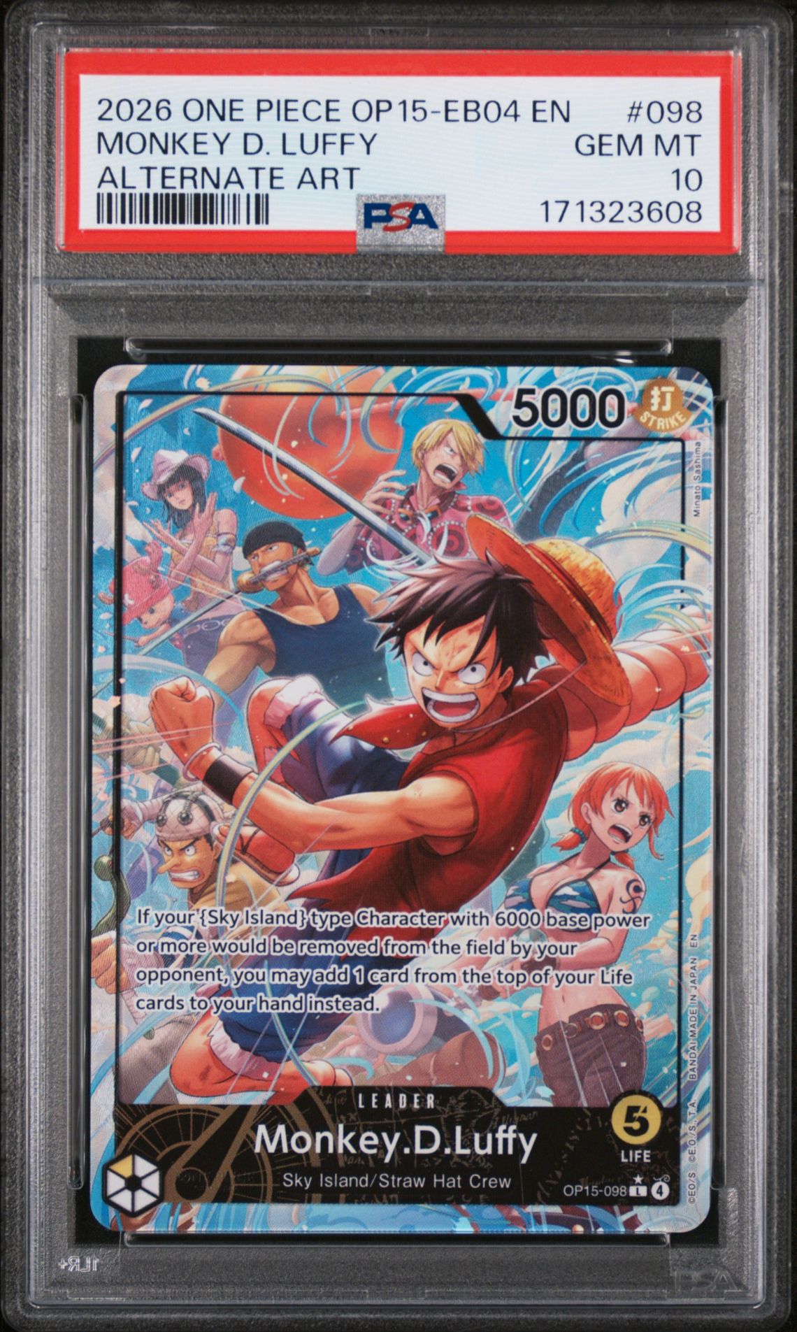 2026 One Piece Op15-Eb04-Adventure On Kami's Island Monkey D. Luffy #098 (Alternate Art) Gem Mt 10 front view - PSA graded GEM MT 10