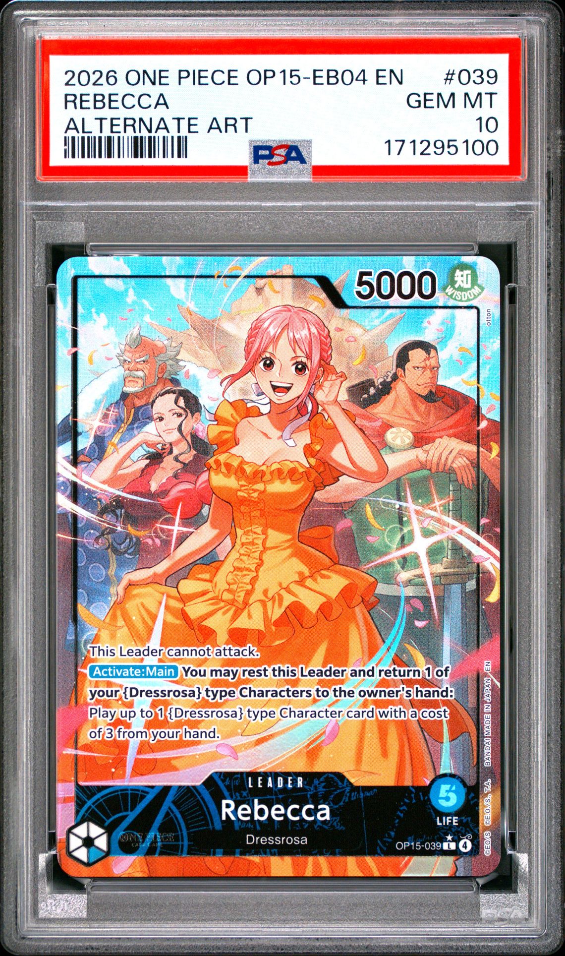 2026 One Piece Op15-Eb04-Adventure On Kami's Island Rebecca #039 (Alternate Art) Gem Mt 10 front view - PSA graded GEM MT 10