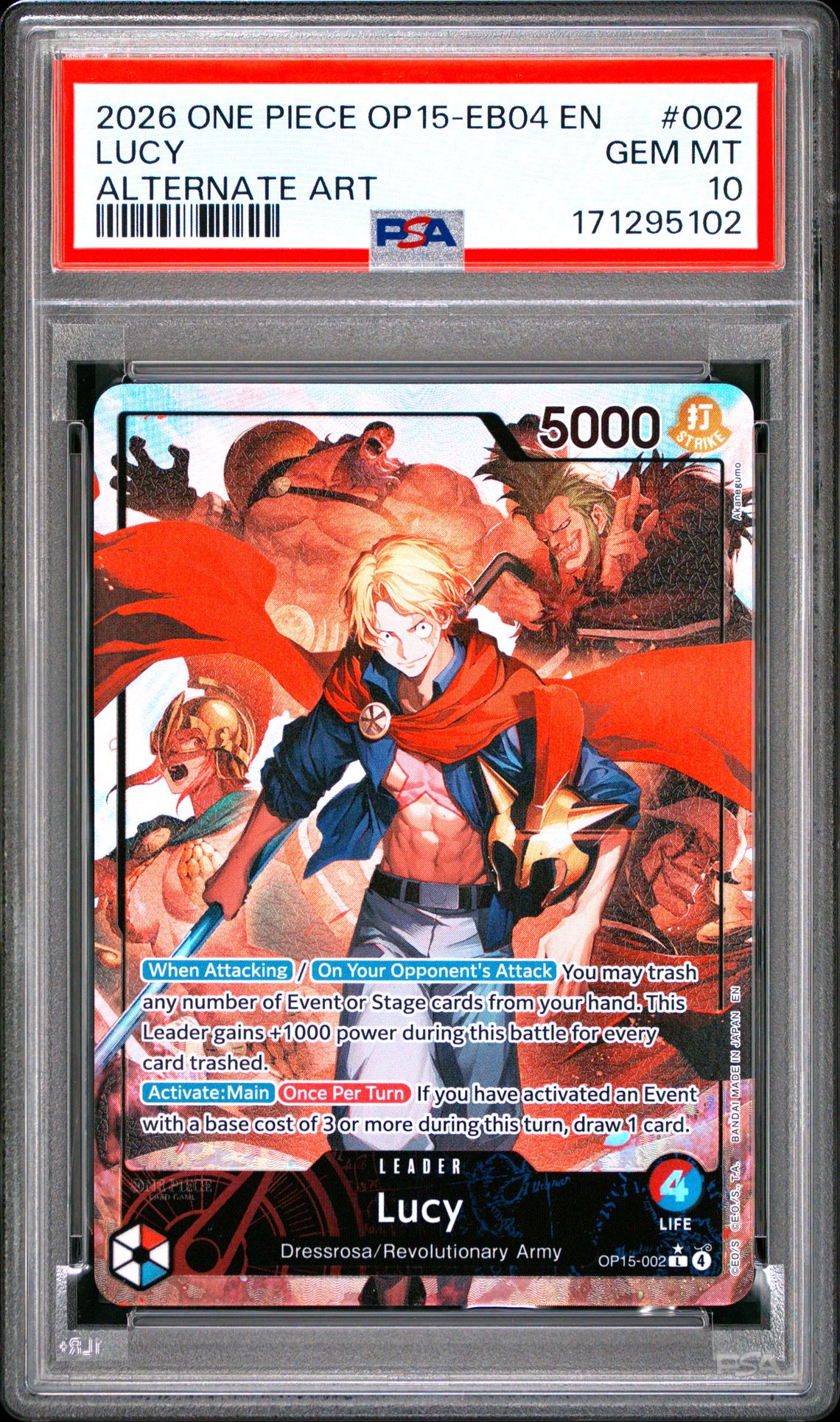 2026 One Piece Op15-Eb04-Adventure On Kami's Island Lucy #002 (Alternate Art) Gem Mt 10 front