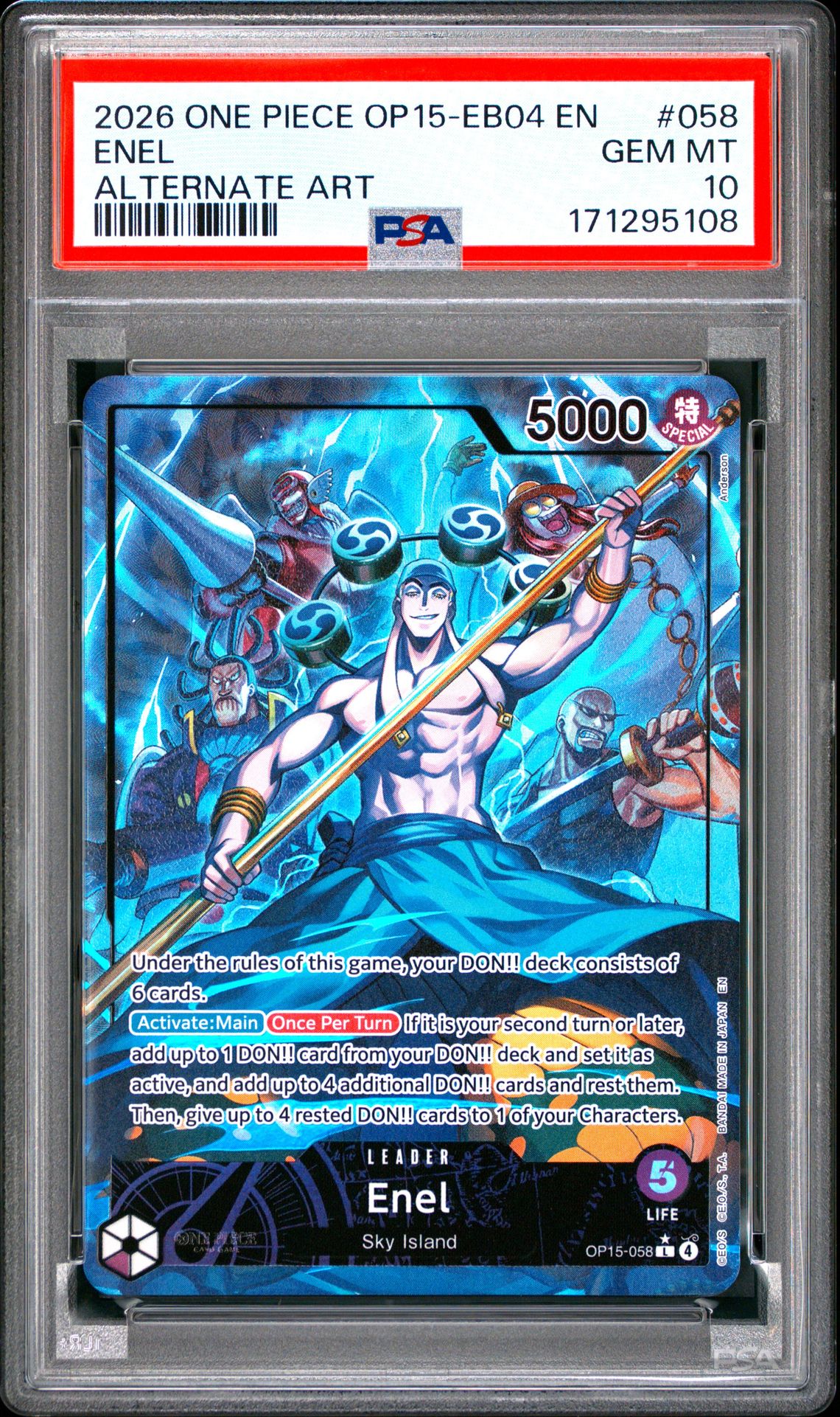 2026 One Piece Op15-Eb04-Adventure On Kami's Island Enel #058 (Alternate Art) Gem Mt 10 front view - PSA graded GEM MT 10