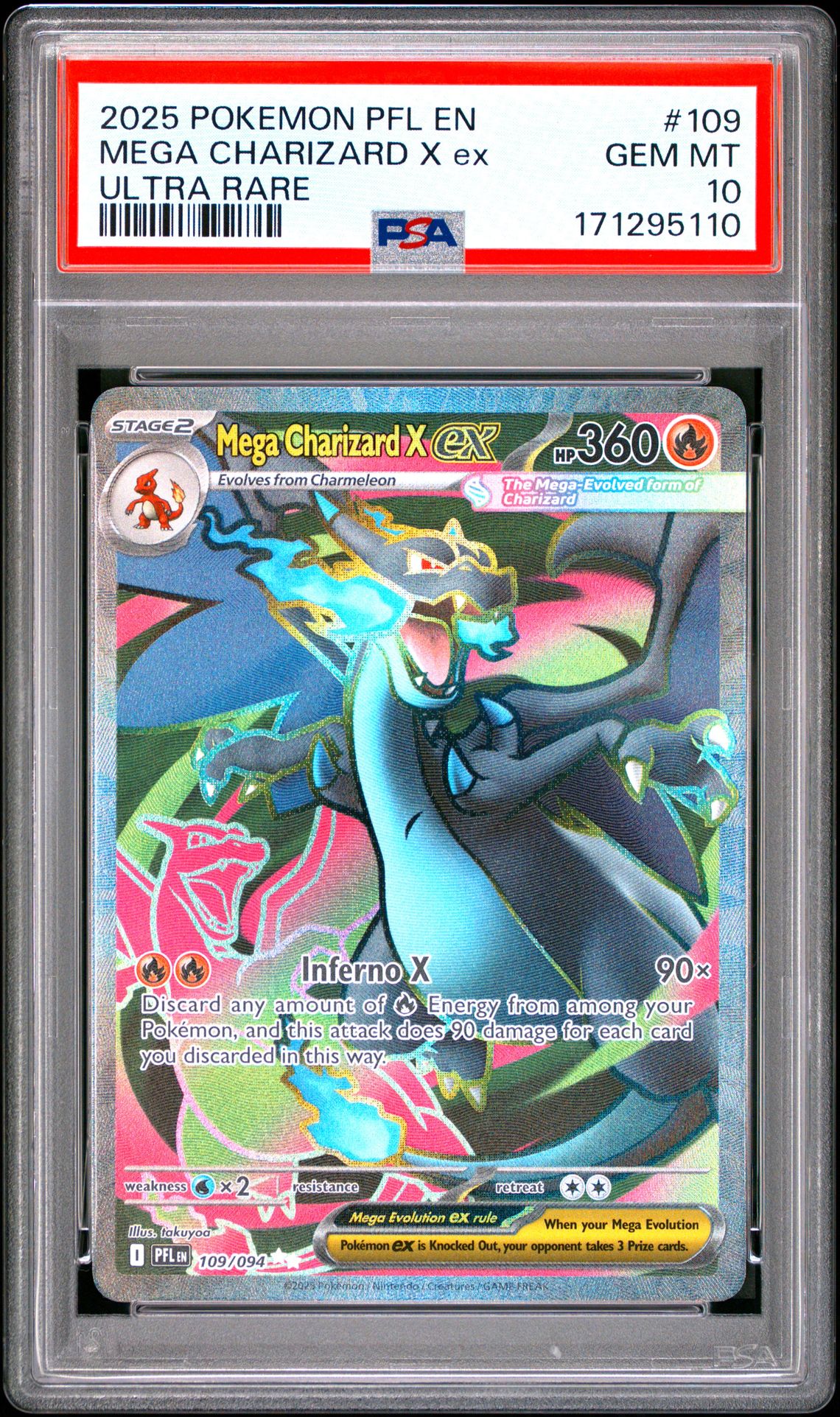 2025 Pokemon Pfl En-Phantasmal Flames Mega Charizard X Ex #109 (Ultra Rare) Gem Mt 10 front view - PSA graded GEM MT 10