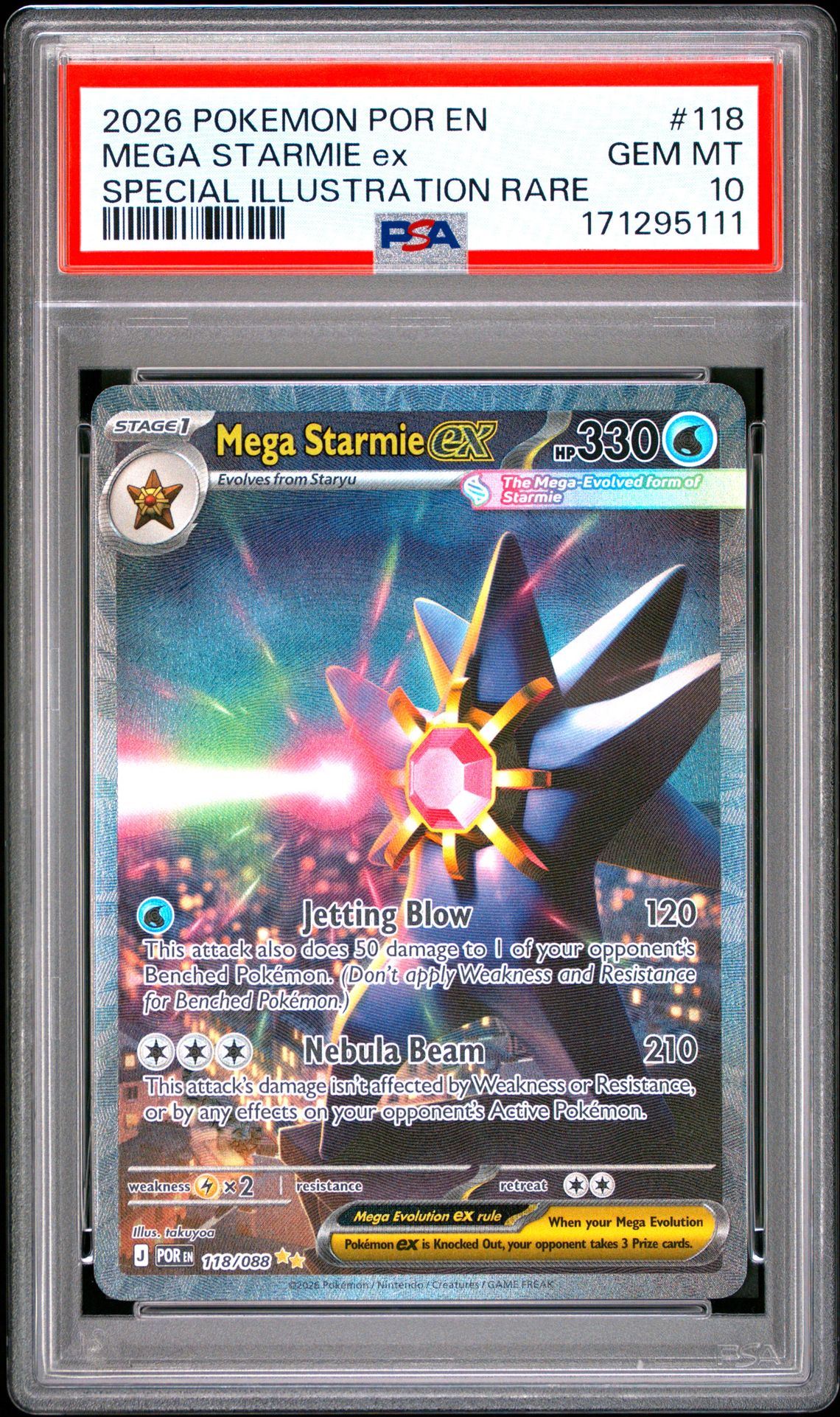 2026 Pokemon Por En-Perfect Order Mega Starmie Ex #118 (Special Illustration Rare) Gem Mt 10 front view - PSA graded GEM MT 10