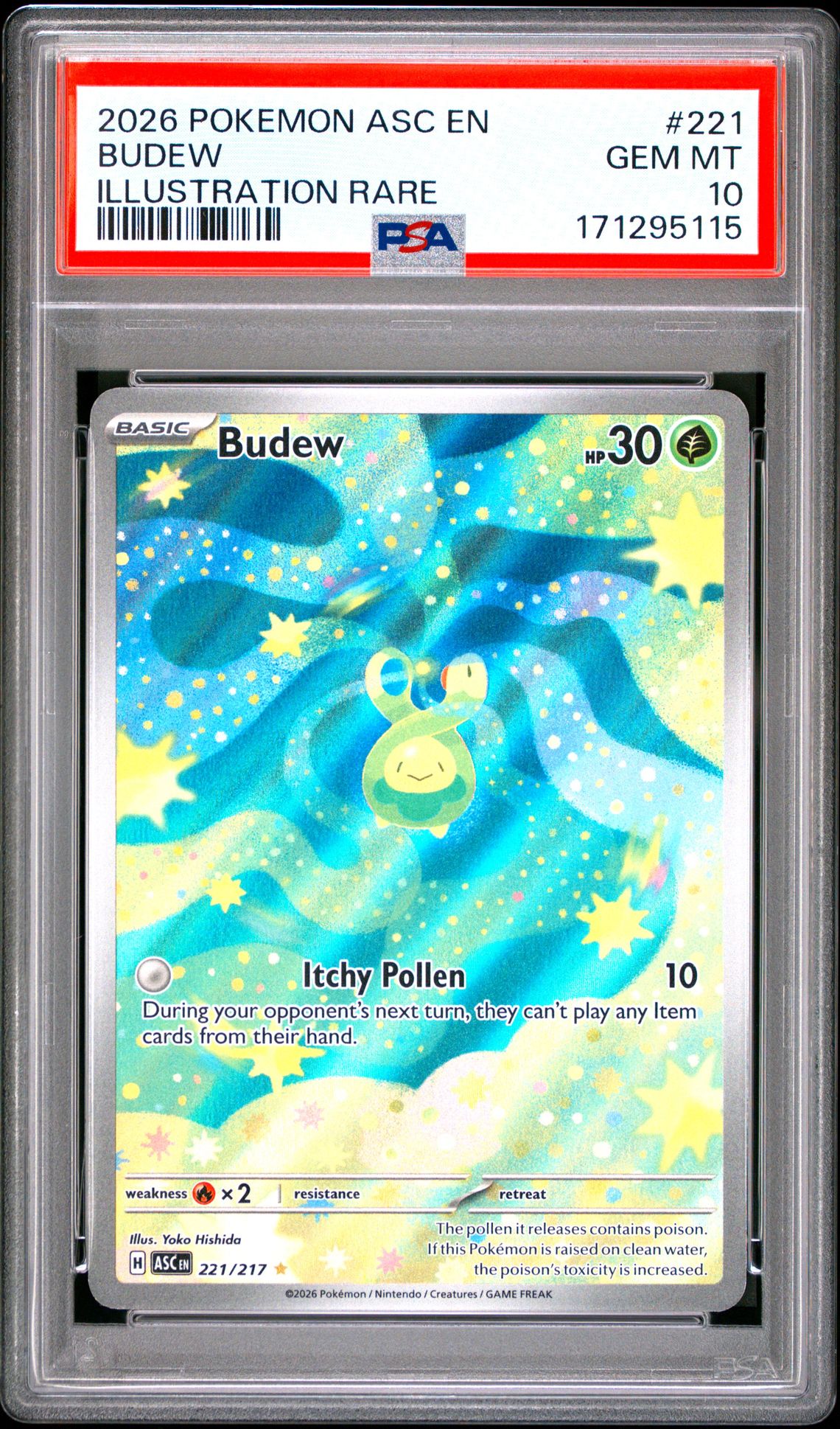 2026 Pokemon Asc En-Ascended Heroes Budew #221 (Illustration Rare) Gem Mt 10 front view - PSA graded GEM MT 10