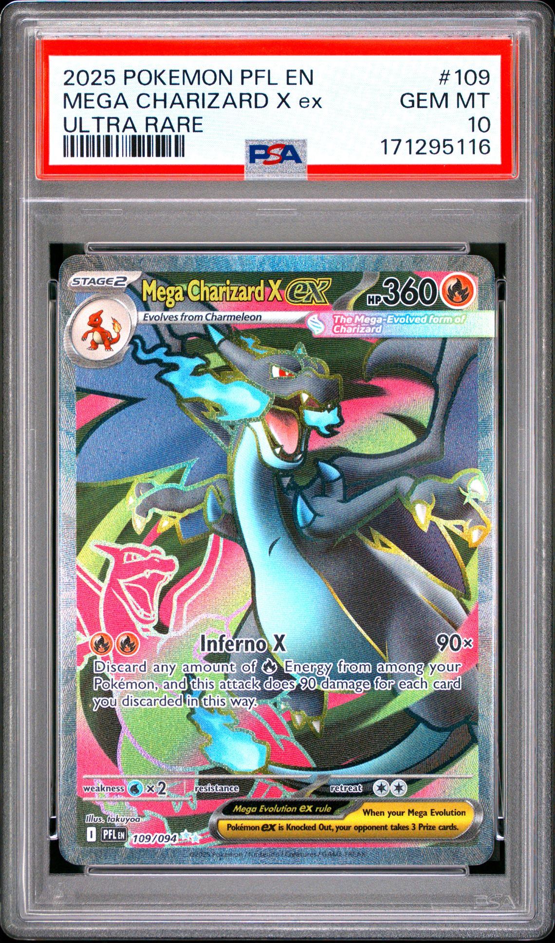 2025 Pokemon Pfl En-Phantasmal Flames Mega Charizard X Ex #109 (Ultra Rare) Gem Mt 10 front view - PSA graded GEM MT 10