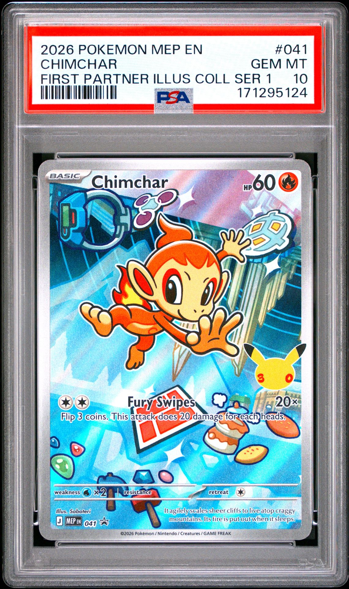 2026 Pokemon Mep En-Me Black Star Promo Chimchar #041 (First Partner Illus Coll Ser 1) Gem Mt 10 front view - PSA graded GEM MT 10