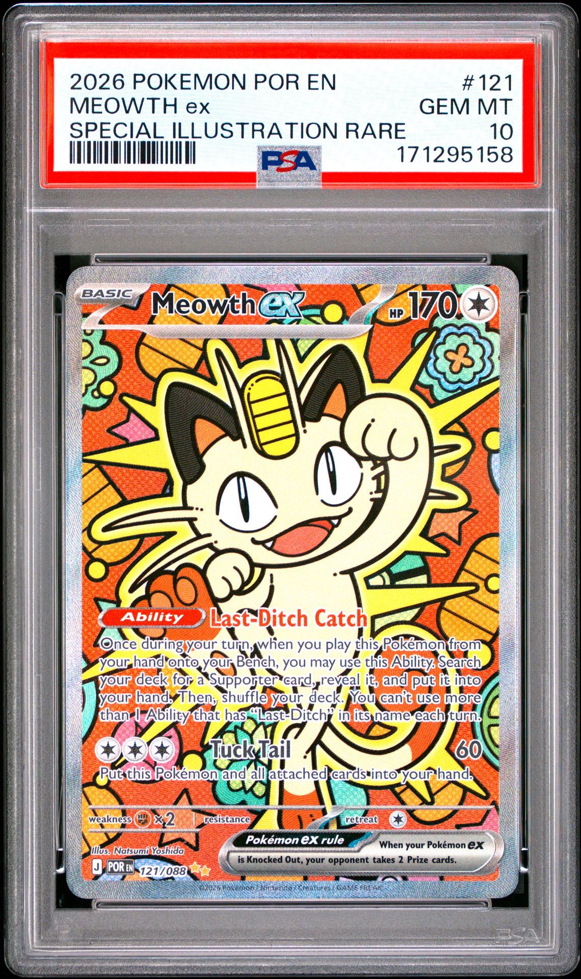 2026 Pokemon Por En-Perfect Order Meowth Ex #121 (Special Illustration Rare) Gem Mt 10 front view - PSA graded GEM MT 10