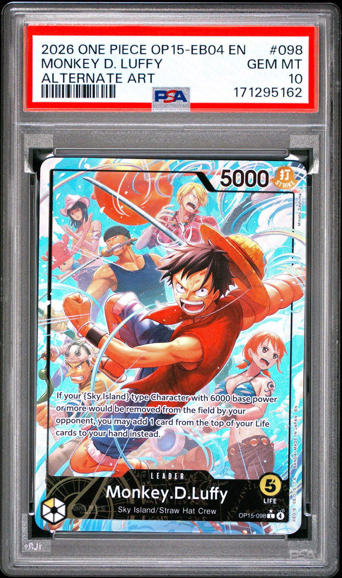 2026 One Piece Op15-Eb04-Adventure On Kami's Island Monkey D. Luffy #098 (Alternate Art) Gem Mt 10 front view - PSA graded GEM MT 10