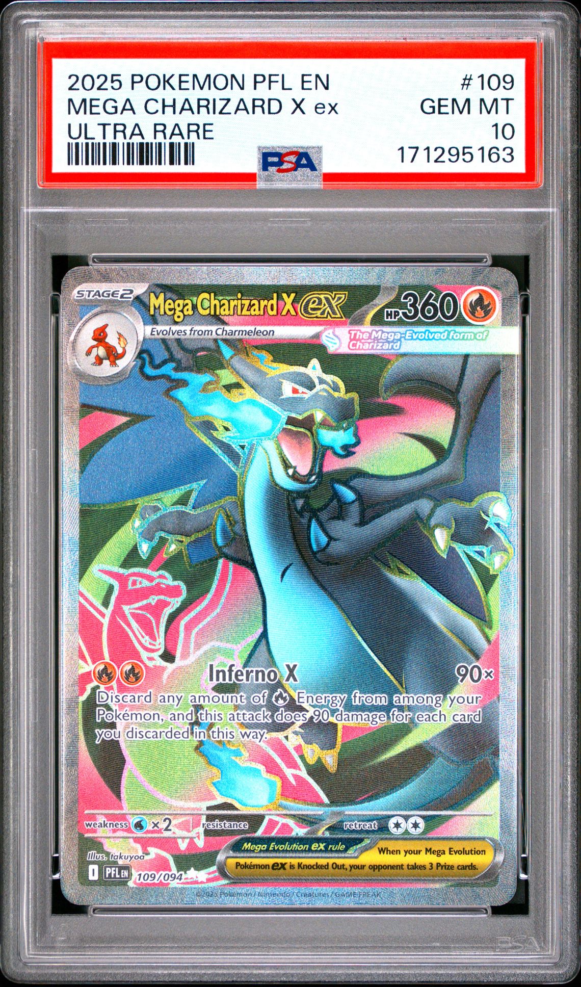 2025 Pokemon Pfl En-Phantasmal Flames Mega Charizard X Ex #109 (Ultra Rare) Gem Mt 10 front view - PSA graded GEM MT 10