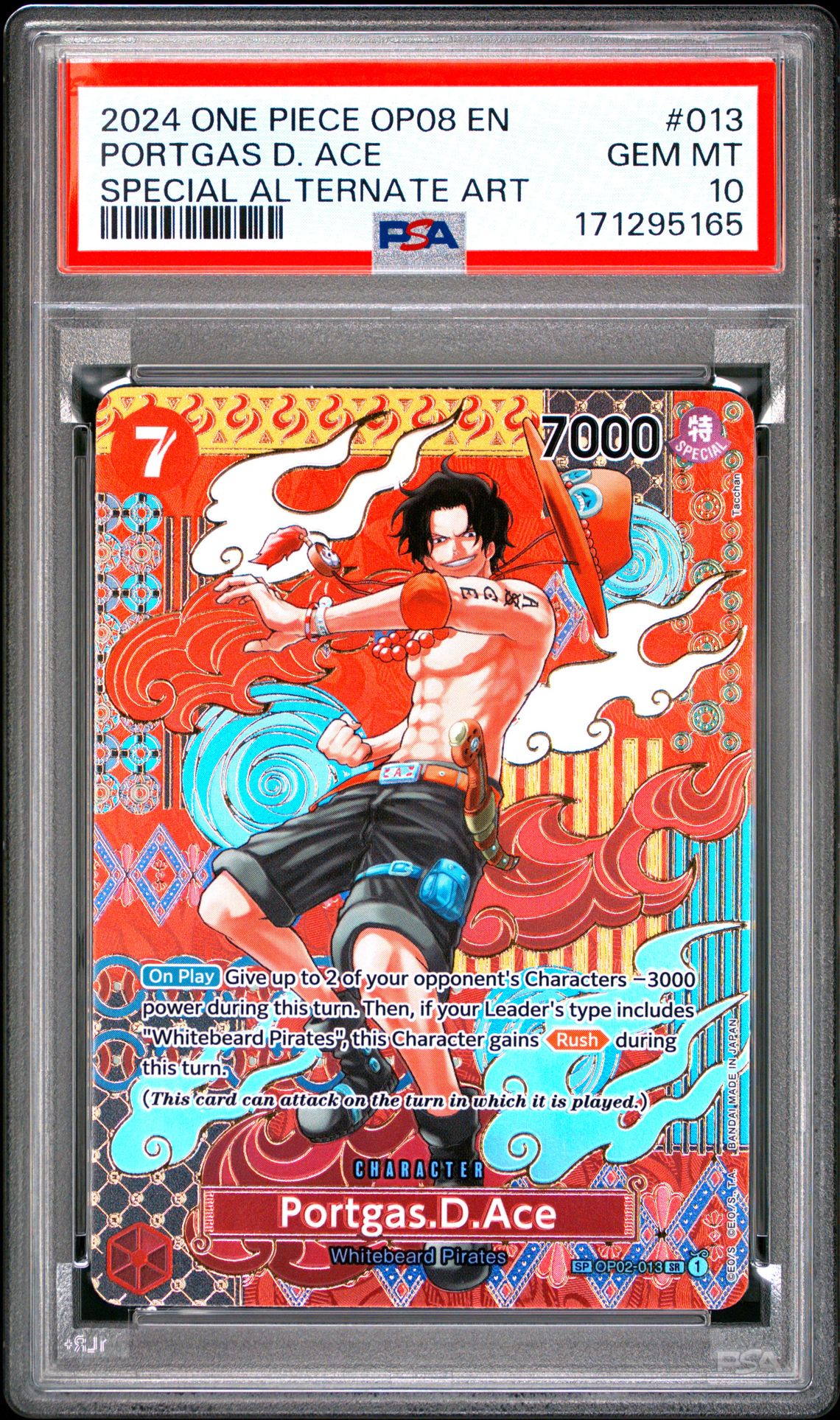 2024 One Piece Op08-Two Legends Portgas D. Ace #013 (Special Alternate Art) Gem Mt 10 front view - PSA graded GEM MT 10