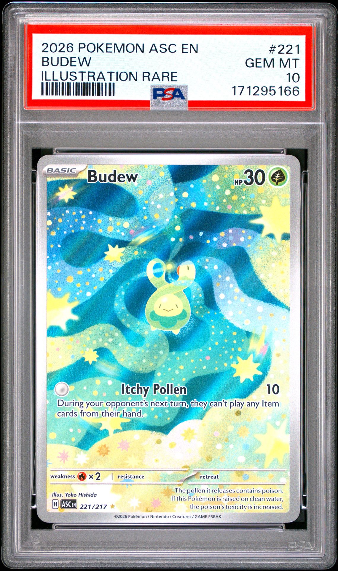 2026 Pokemon Asc En-Ascended Heroes Budew #221 (Illustration Rare) Gem Mt 10 front view - PSA graded GEM MT 10