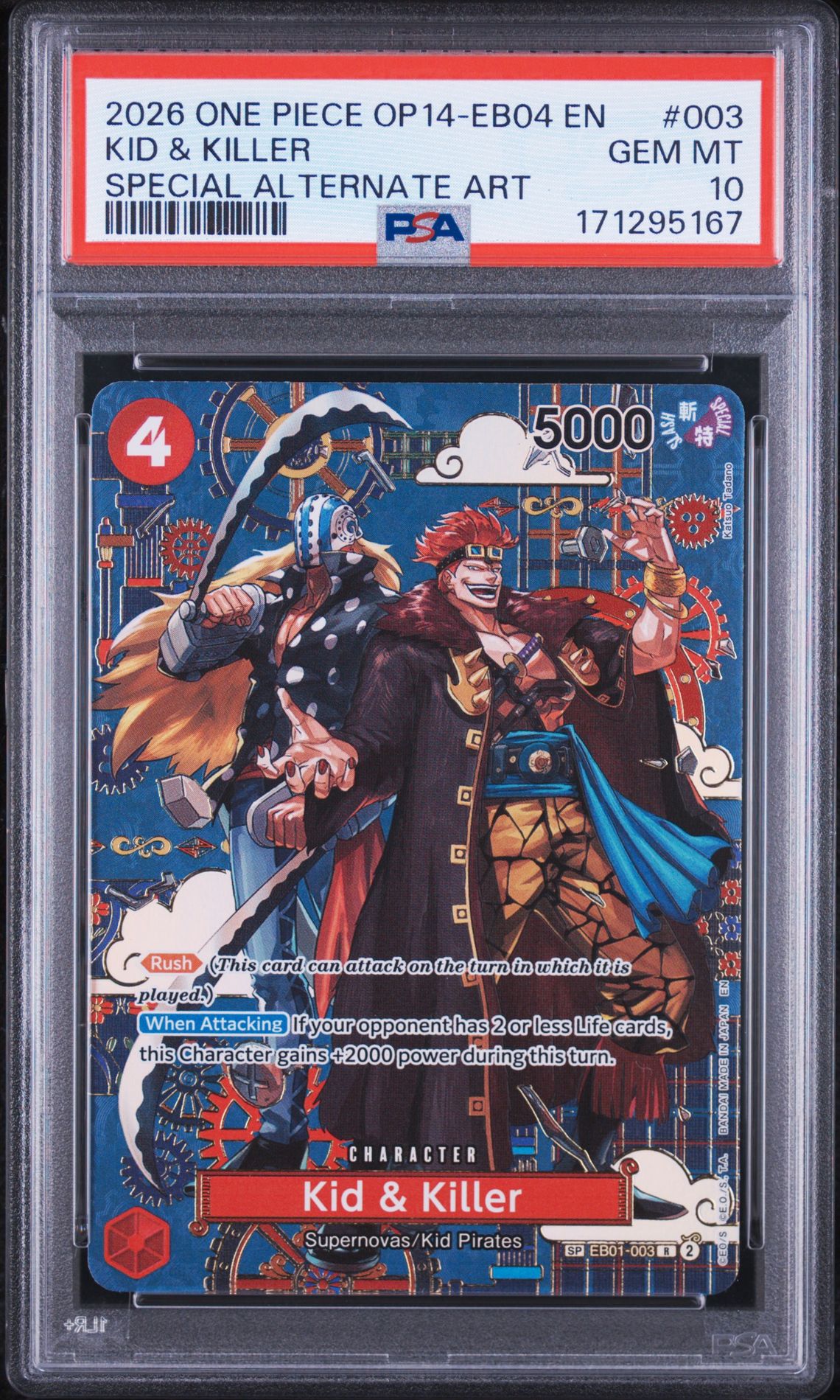 2026 One Piece Op14-Eb04-The Azure Sea's Seven Kid & Killer #003 (Special Alternate Art) Gem Mt 10 front view - PSA graded GEM MT 10