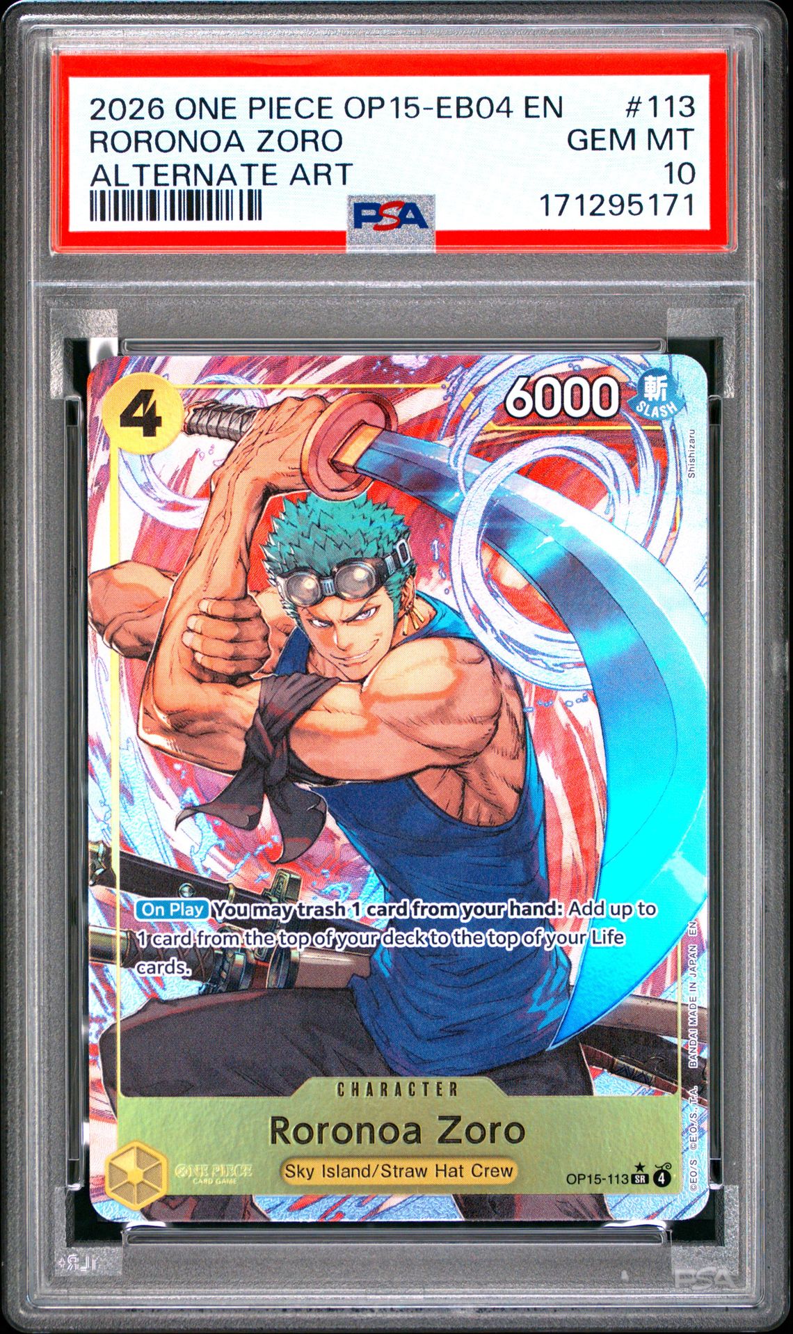 2026 One Piece Op15-Eb04-Adventure On Kami's Island Roronoa Zoro #113 (Alternate Art) Gem Mt 10 front view - PSA graded GEM MT 10