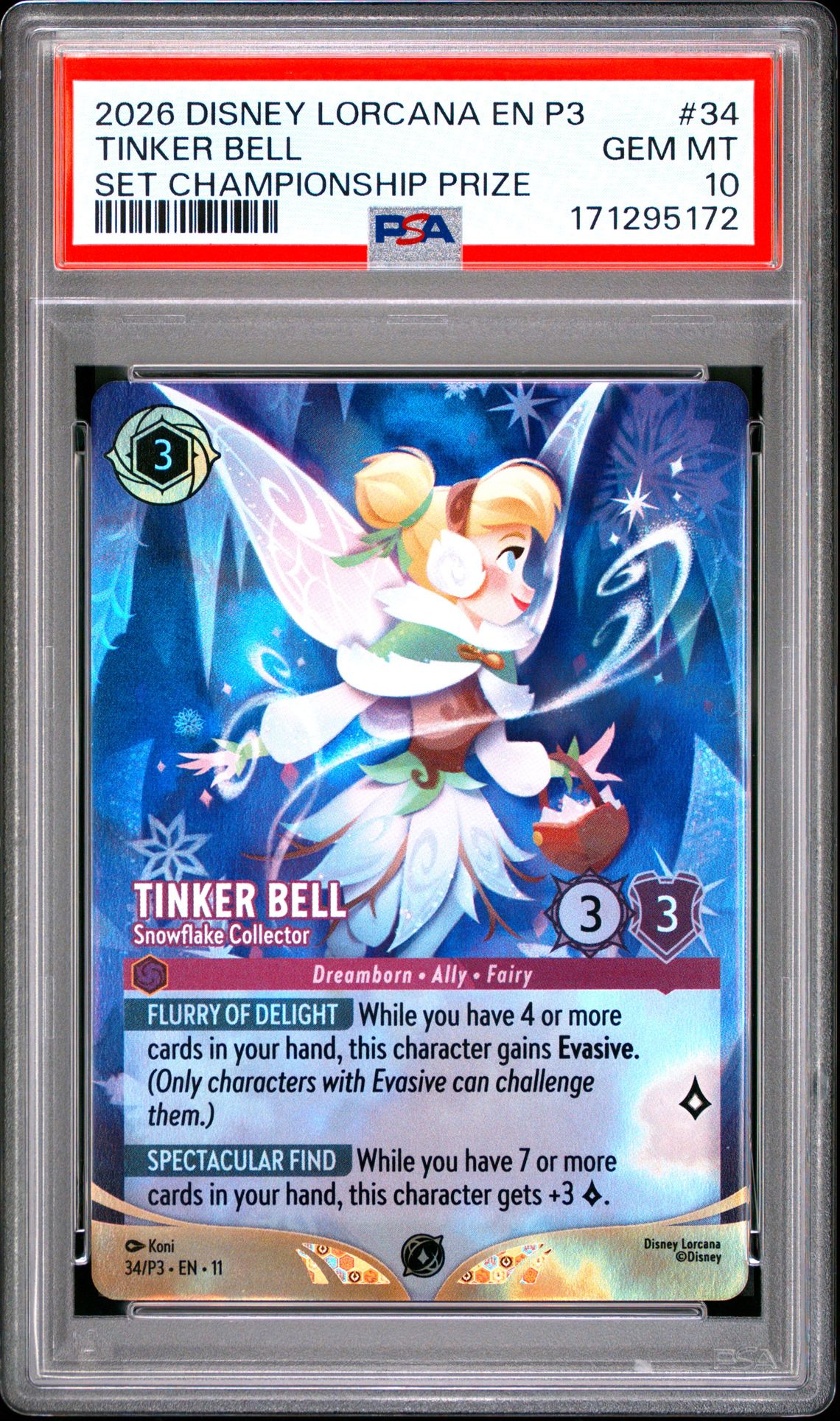 2026 Disney Lorcana En P3-Promo Tinker Bell #34 (Set Championship Prize) Gem Mt 10 front view - PSA graded GEM MT 10