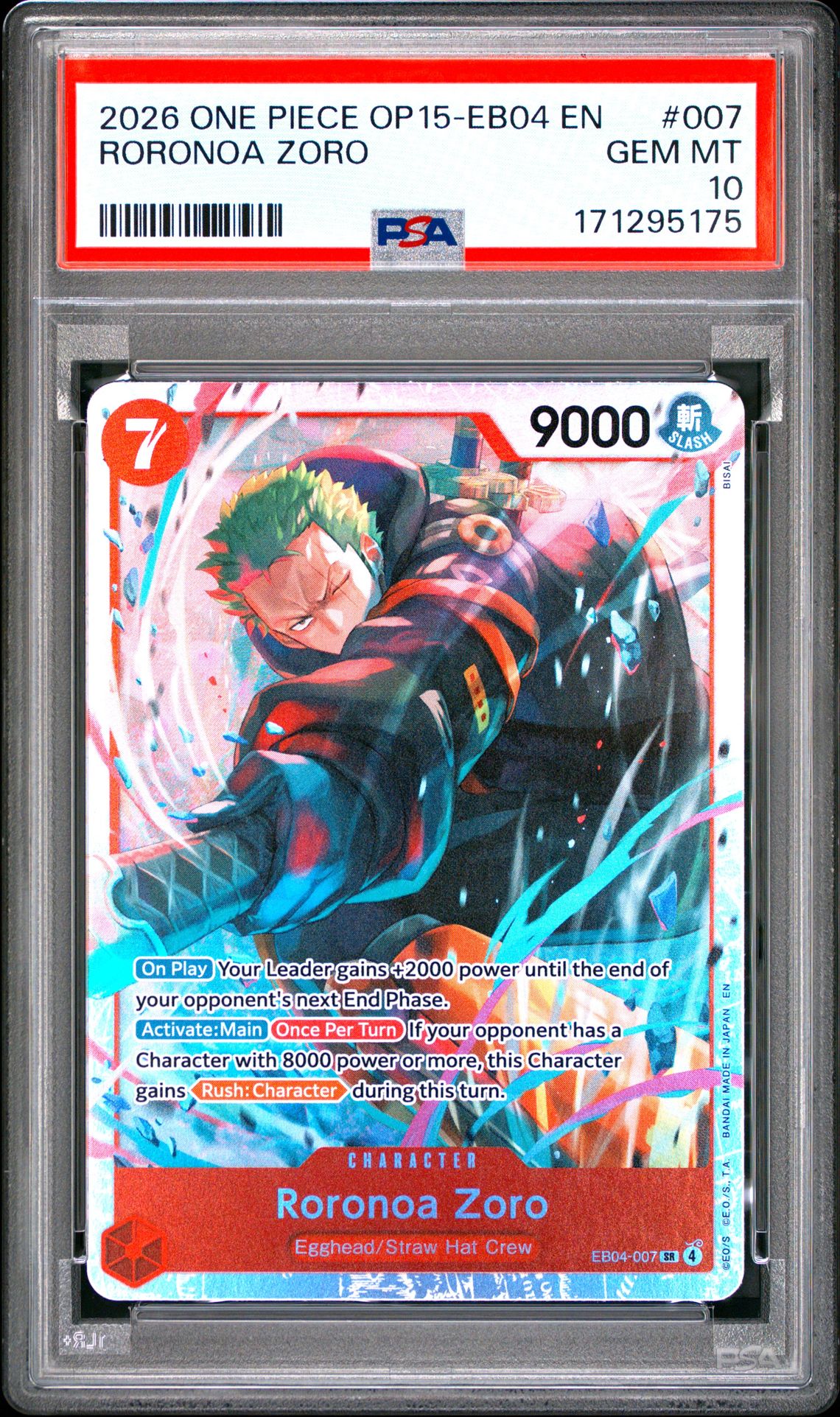 2026 One Piece Op15-Eb04-Adventure On Kami's Island Roronoa Zoro #007 Gem Mt 10 front view - PSA graded GEM MT 10