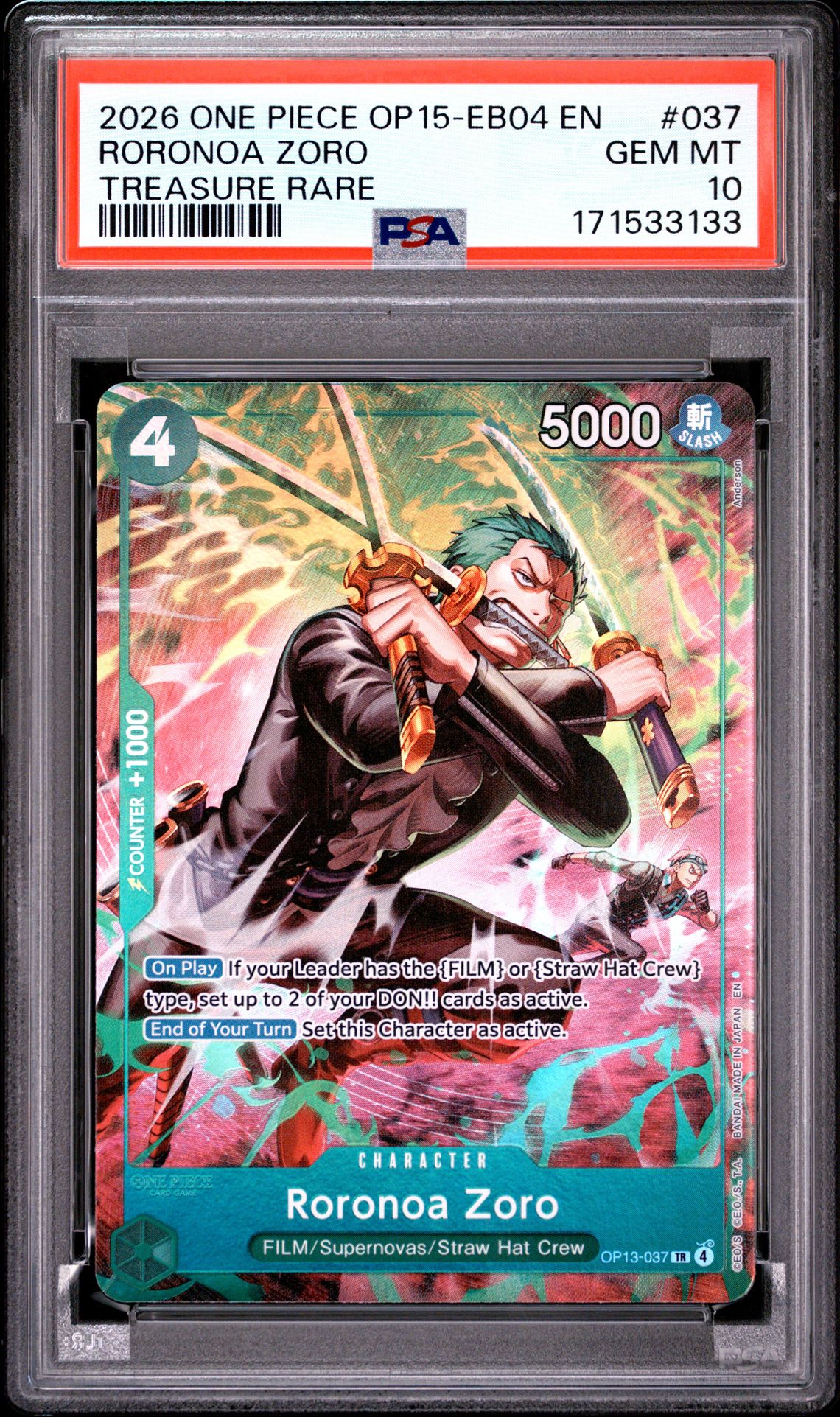 2026 One Piece Op15-Eb04-Adventure On Kami's Island Roronoa Zoro #037 (Treasure Rare) Gem Mt 10 front view - PSA graded GEM MT 10