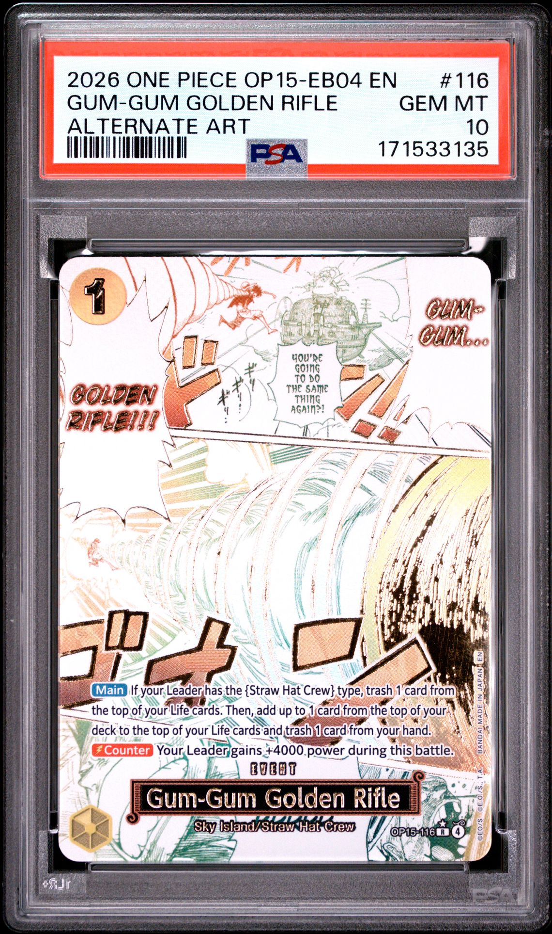 2026 One Piece Op15-Eb04-Adventure On Kami's Island Gum-Gum Golden Rifle #116 (Alternate Art) Gem Mt 10 front view - PSA graded GEM MT 10