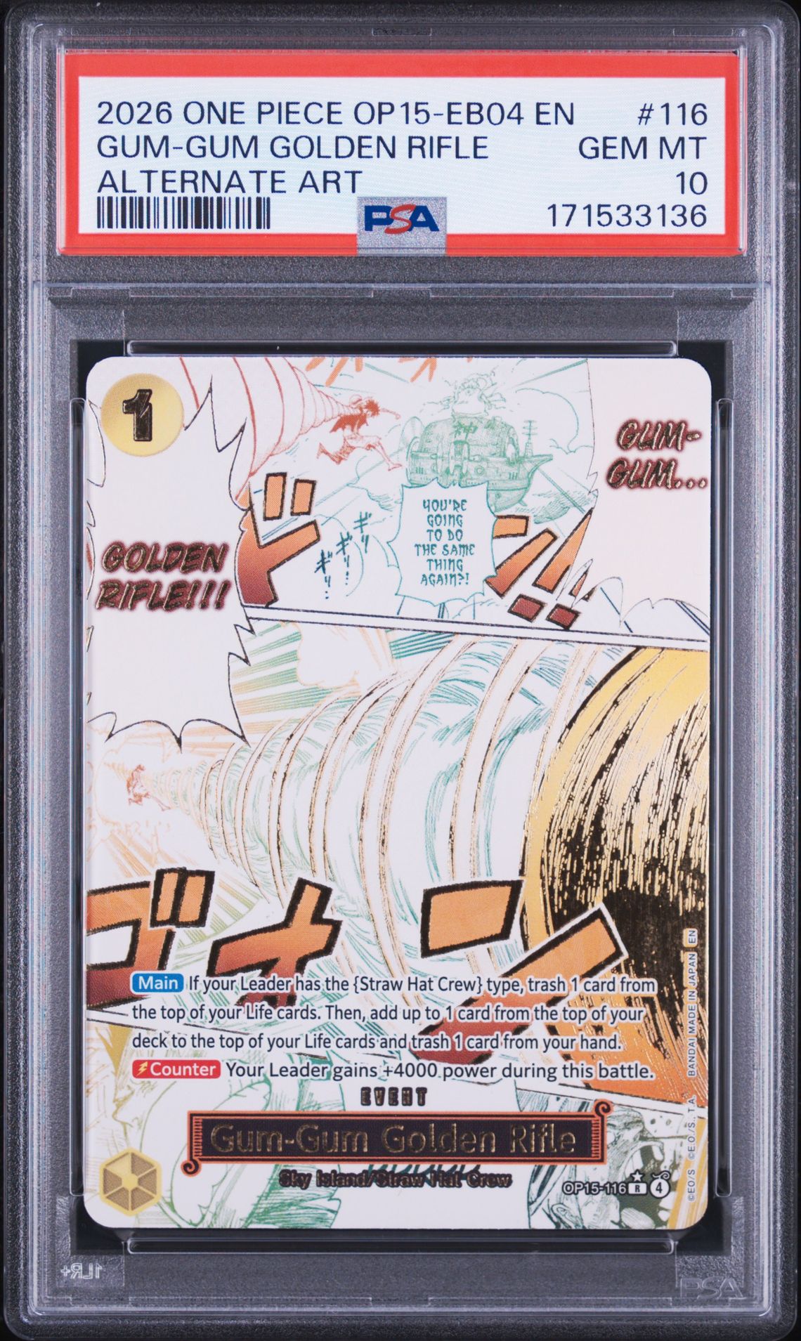 2026 One Piece Op15-Eb04-Adventure On Kami's Island Gum-Gum Golden Rifle #116 (Alternate Art) Gem Mt 10 front view - PSA graded GEM MT 10