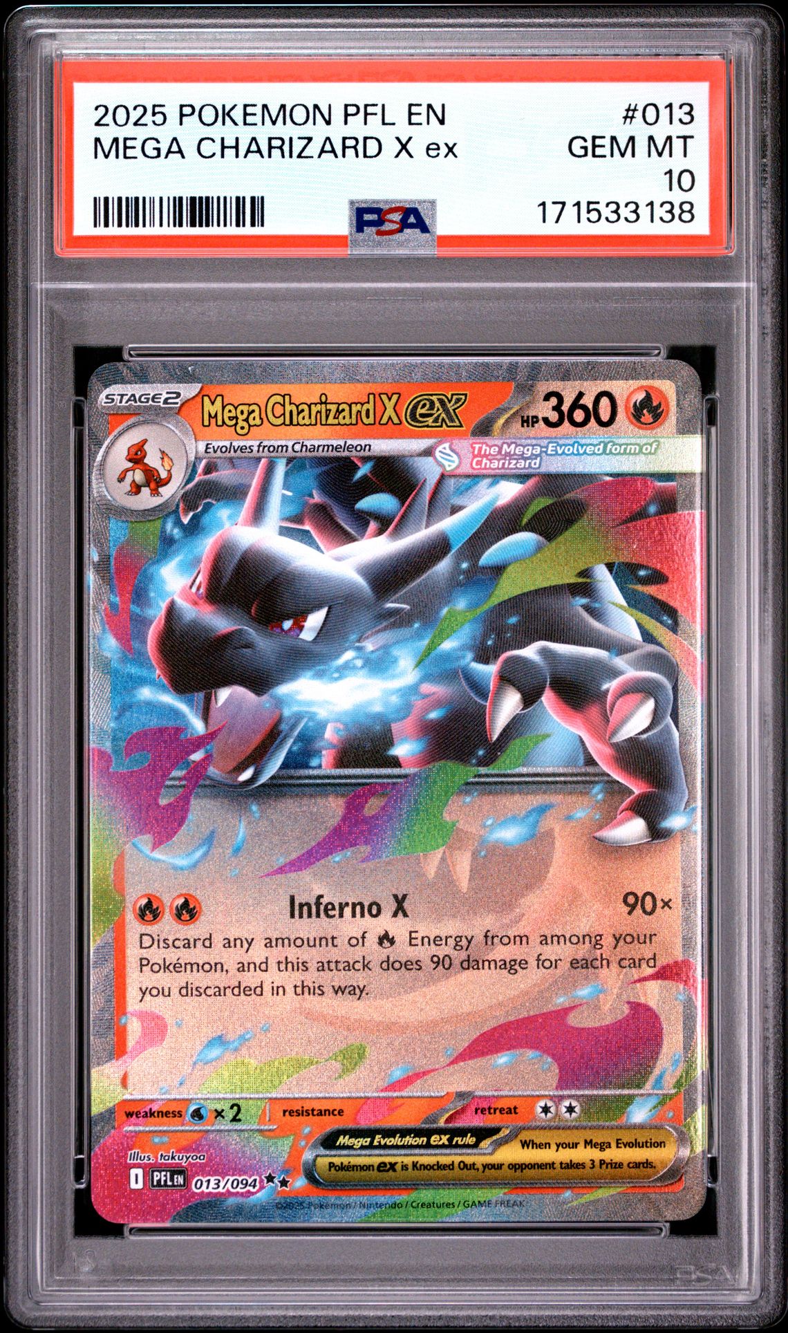 2025 Pokemon Pfl En-Phantasmal Flames Mega Charizard X Ex #013 Gem Mt 10 front view - PSA graded GEM MT 10