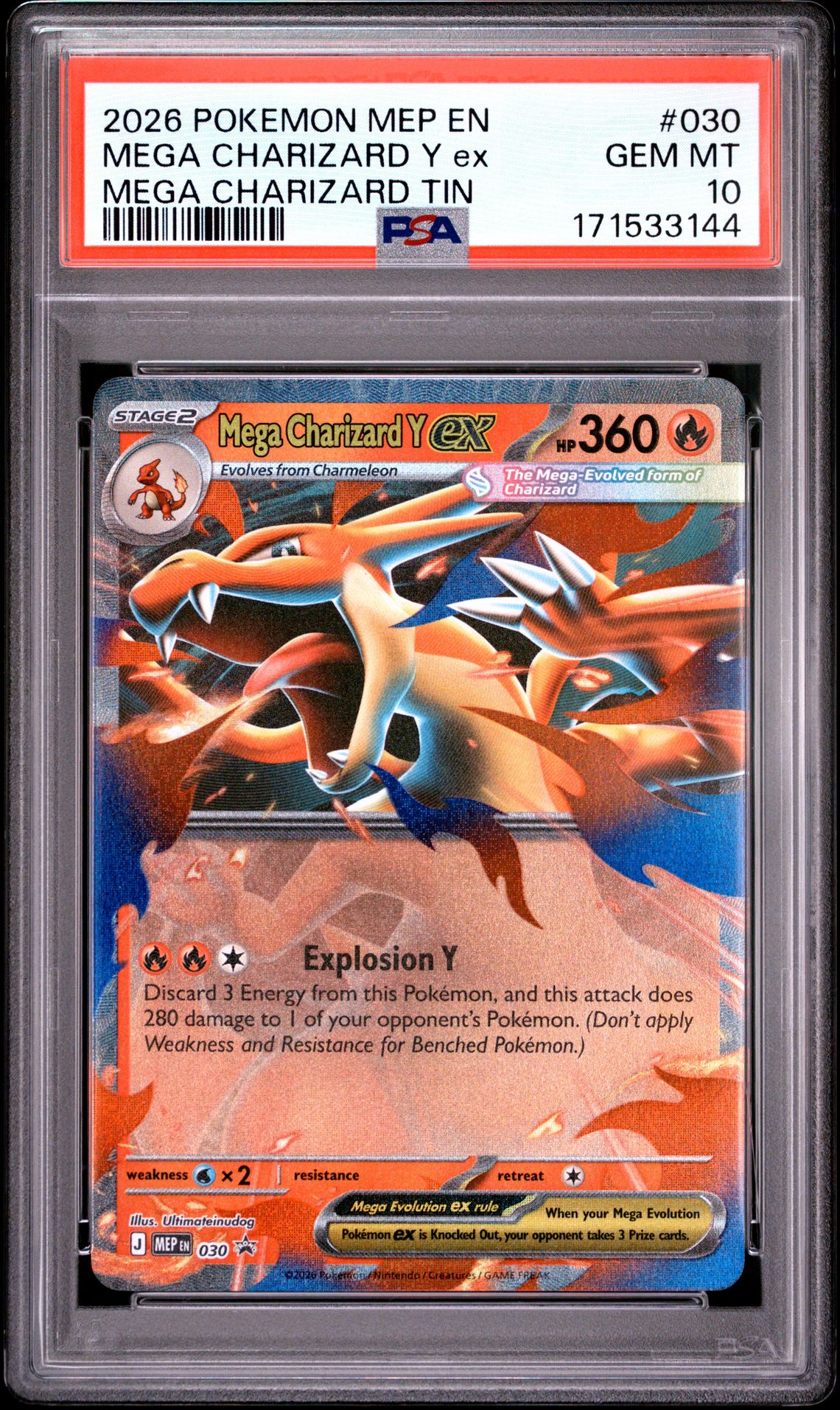 2026 Pokemon Mep En-Me Black Star Promo Mega Charizard Y Ex #030 (Mega Charizard Tin) Gem Mt 10 front view - PSA graded GEM MT 10