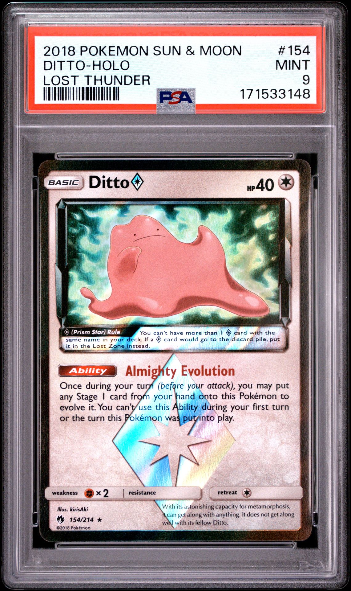 2018 Pokemon Sun & Moon Lost Thunder Ditto-Holo #154 (Lost Thunder) Mint 9 front