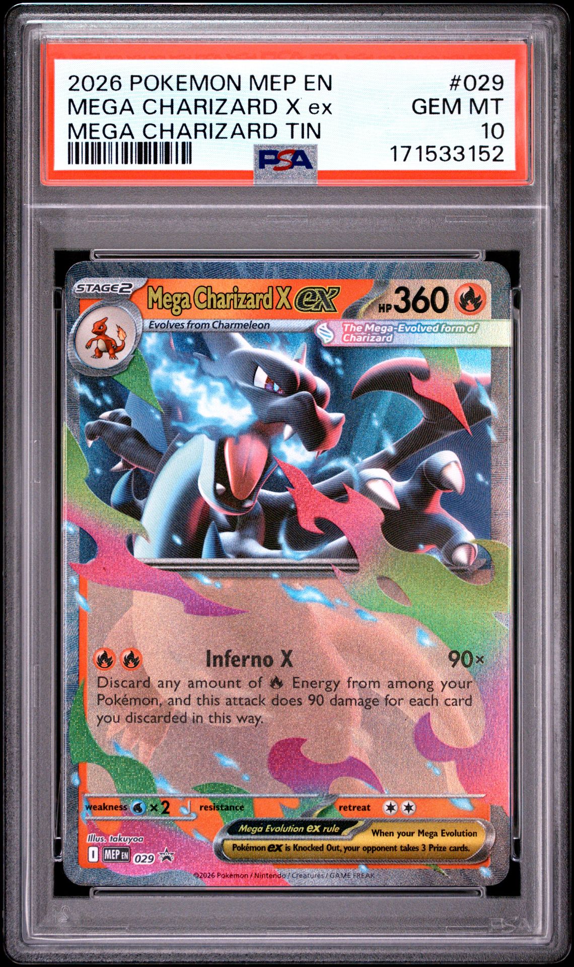 2026 Pokemon Mep En-Me Black Star Promo Mega Charizard X Ex #029 (Mega Charizard Tin) Gem Mt 10 front view - PSA graded GEM MT 10
