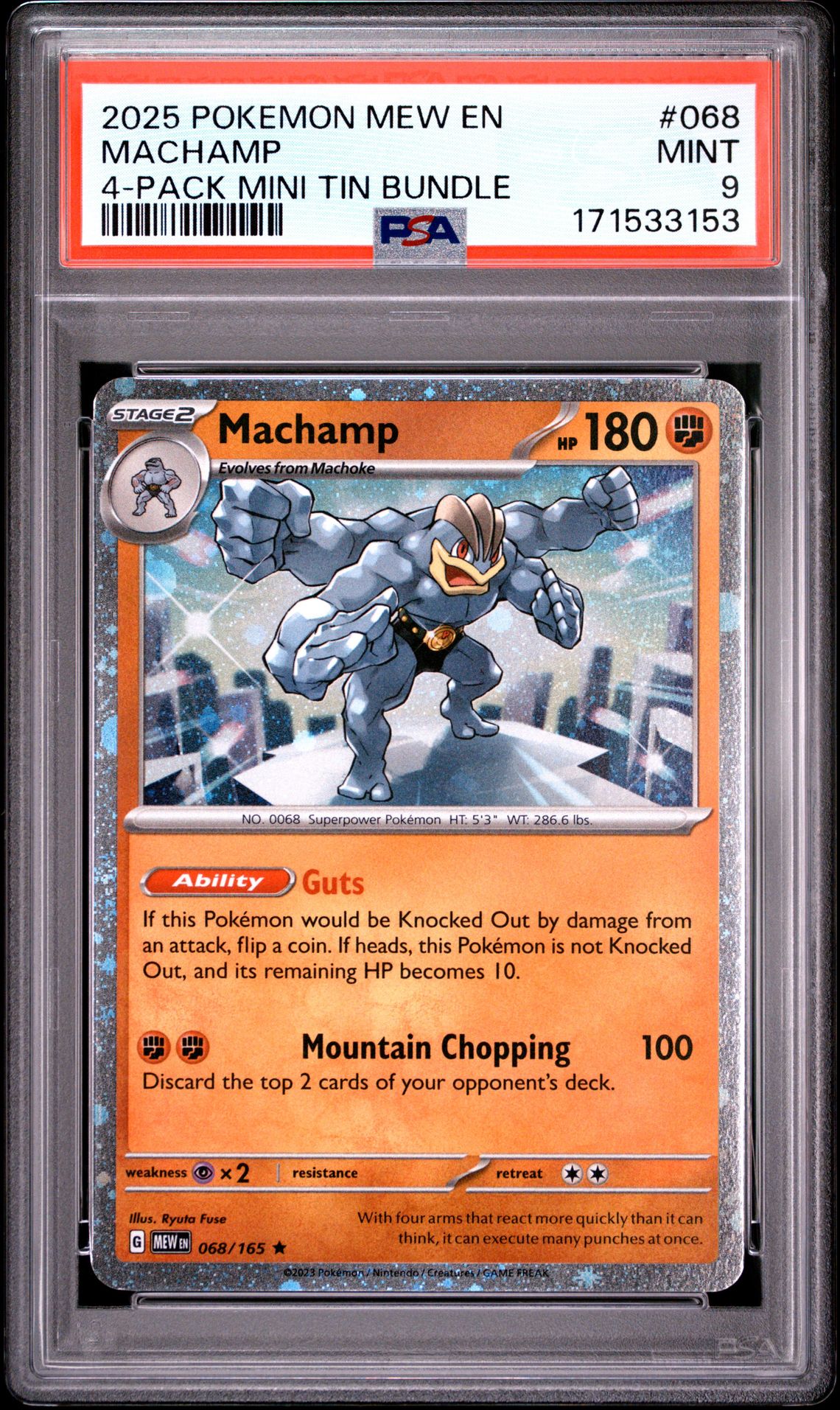 2025 Pokemon Mew En-151 Machamp #068 (4-Pack Mini Tin Bundle) Mint 9 front