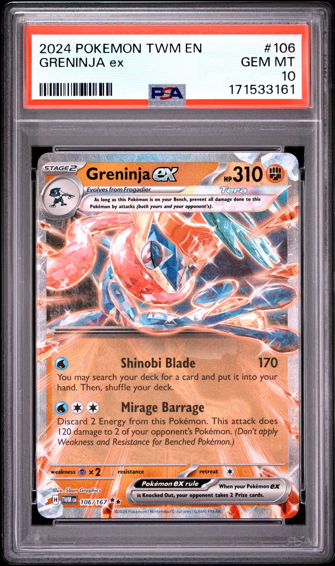 2024 Pokemon Twm En-Twilight Masquerade Greninja Ex #106 Gem Mt 10 front view - PSA graded GEM MT 10