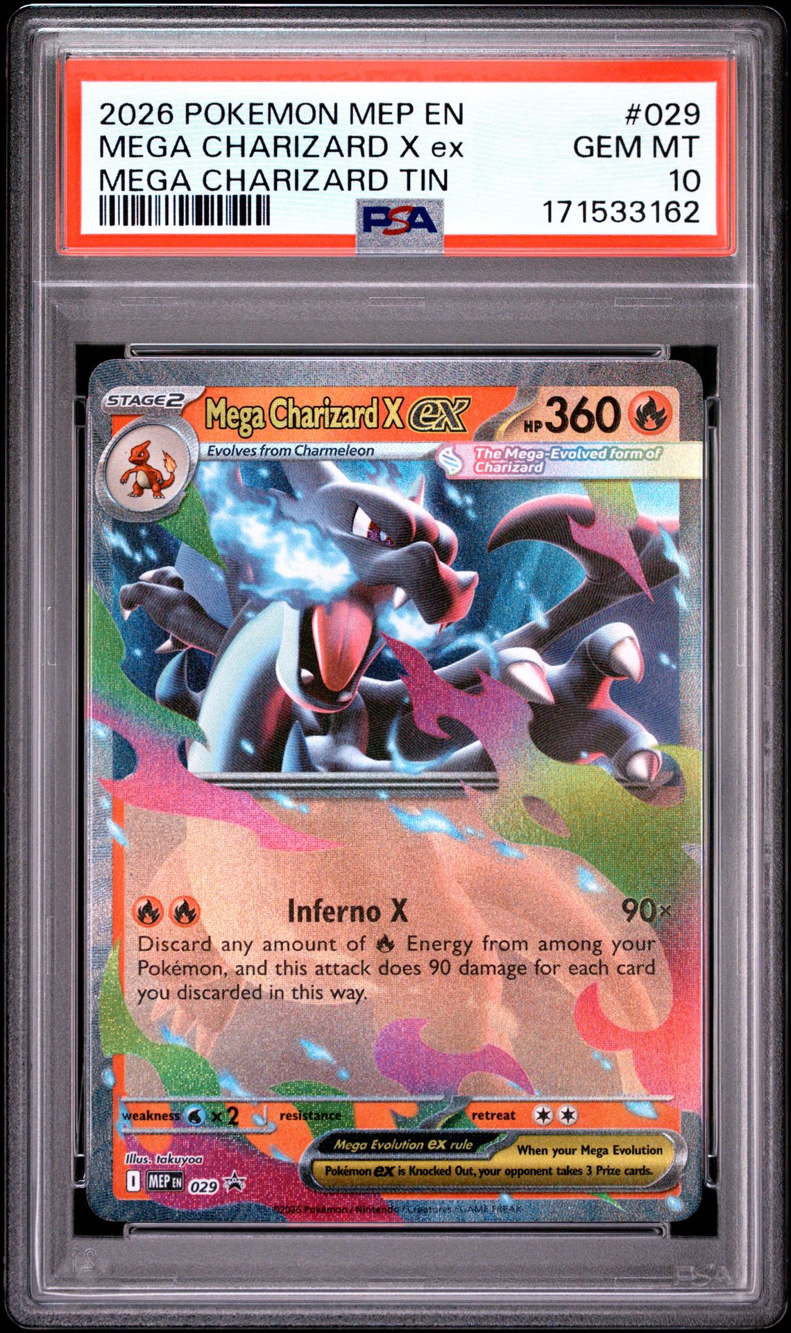 2026 Pokemon Mep En-Me Black Star Promo Mega Charizard X Ex #029 (Mega Charizard Tin) Gem Mt 10 front view - PSA graded GEM MT 10