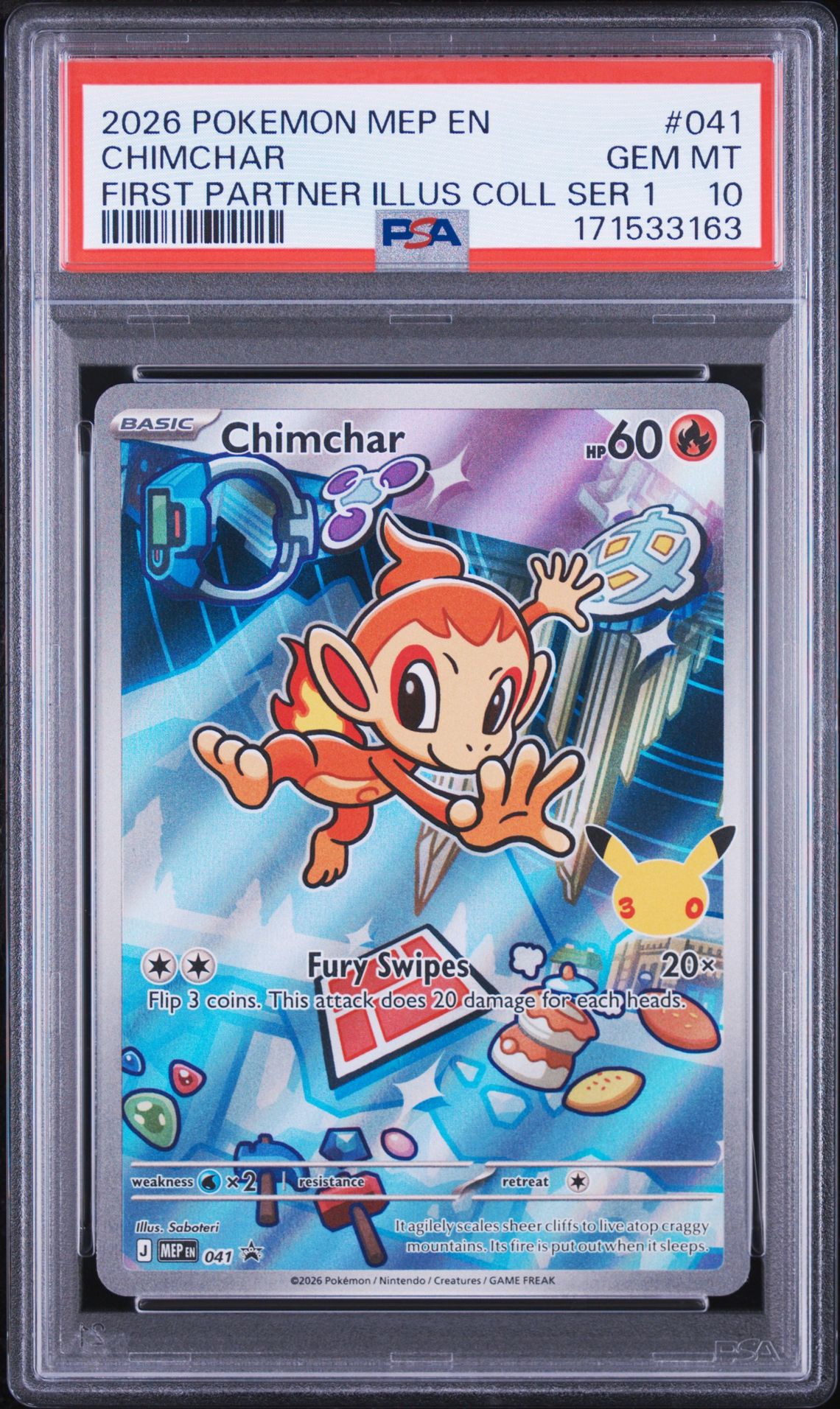 2026 Pokemon Mep En-Me Black Star Promo Chimchar #041 (First Partner Illus Coll Ser 1) Gem Mt 10 front view - PSA graded GEM MT 10